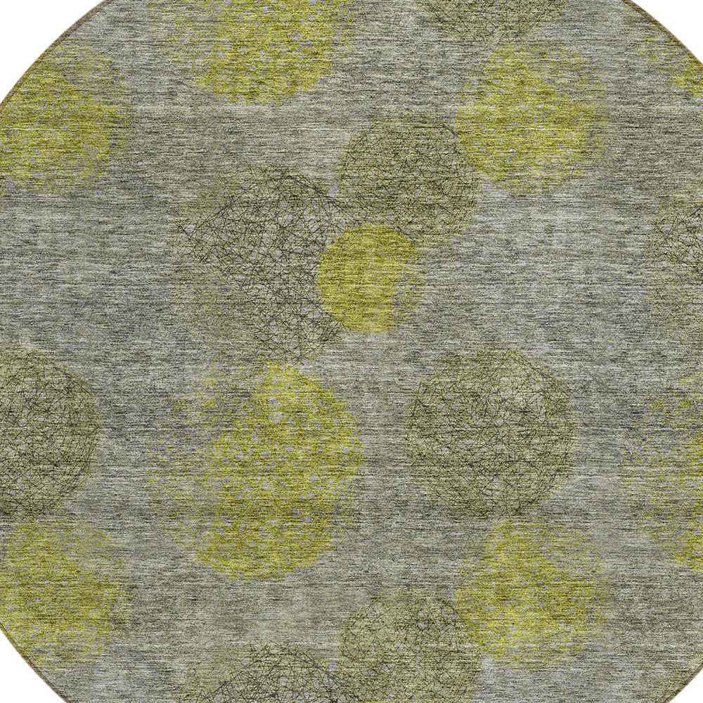 8' Gray Lime Green And Silver Round Polka Dot Washable Indoor Outdoor Area Rug