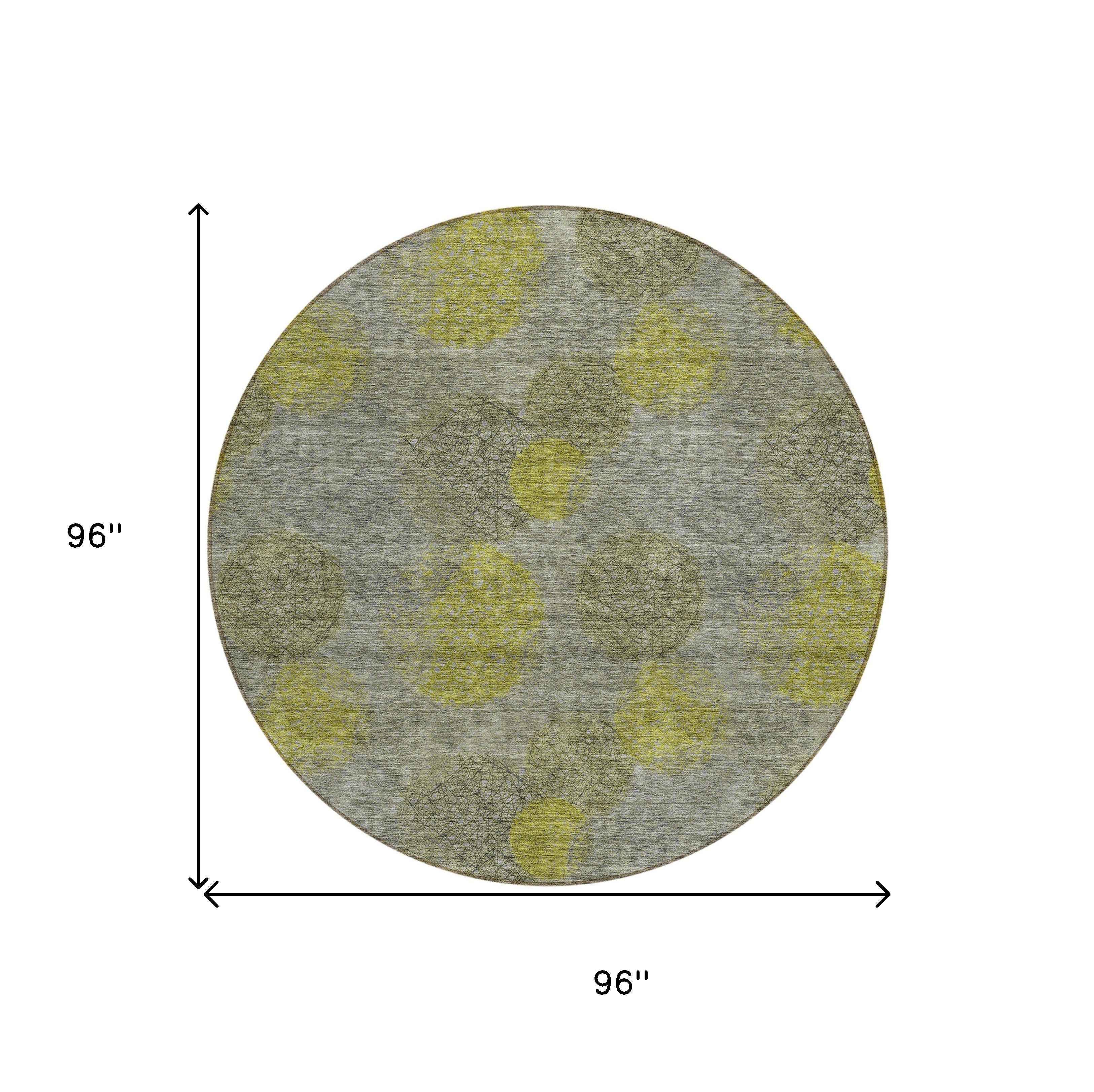 8' Gray Lime Green And Silver Round Polka Dot Washable Indoor Outdoor Area Rug