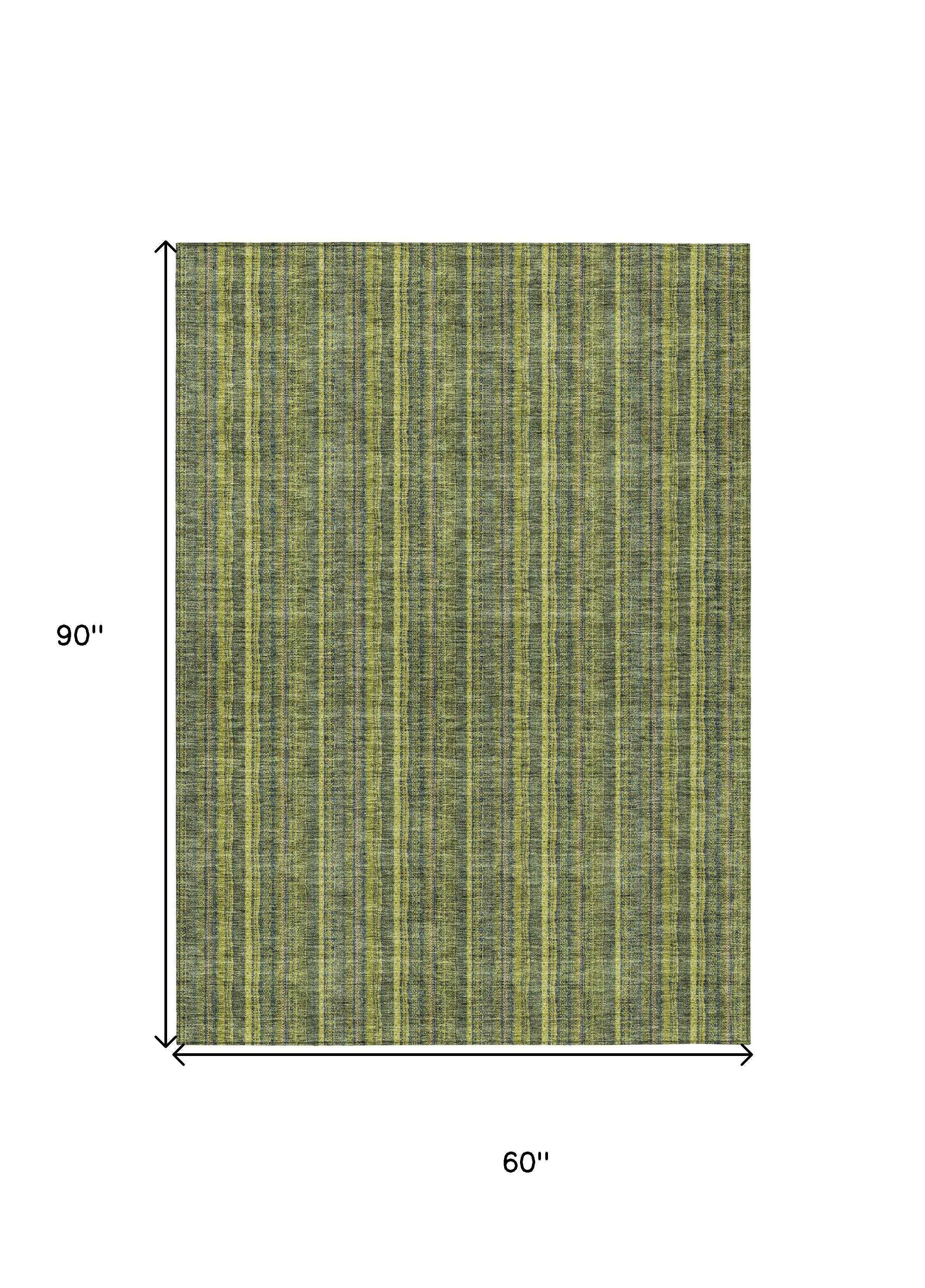 5' X 8' Olive Green And Lime Green Striped Washable Indoor Outdoor Area Rug