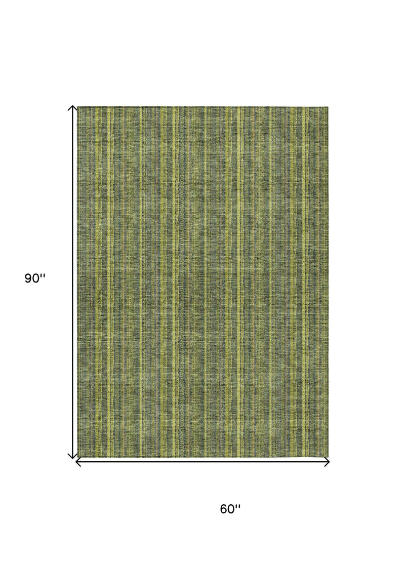 5' X 8' Olive Green And Lime Green Striped Washable Indoor Outdoor Area Rug