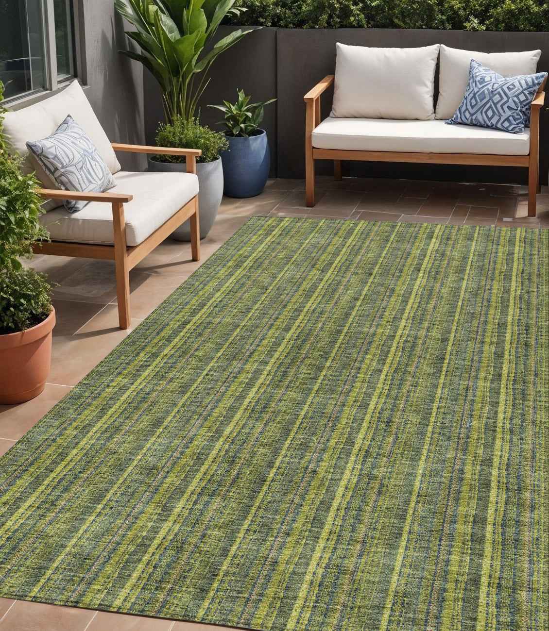 5' X 8' Olive Green And Lime Green Striped Washable Indoor Outdoor Area Rug