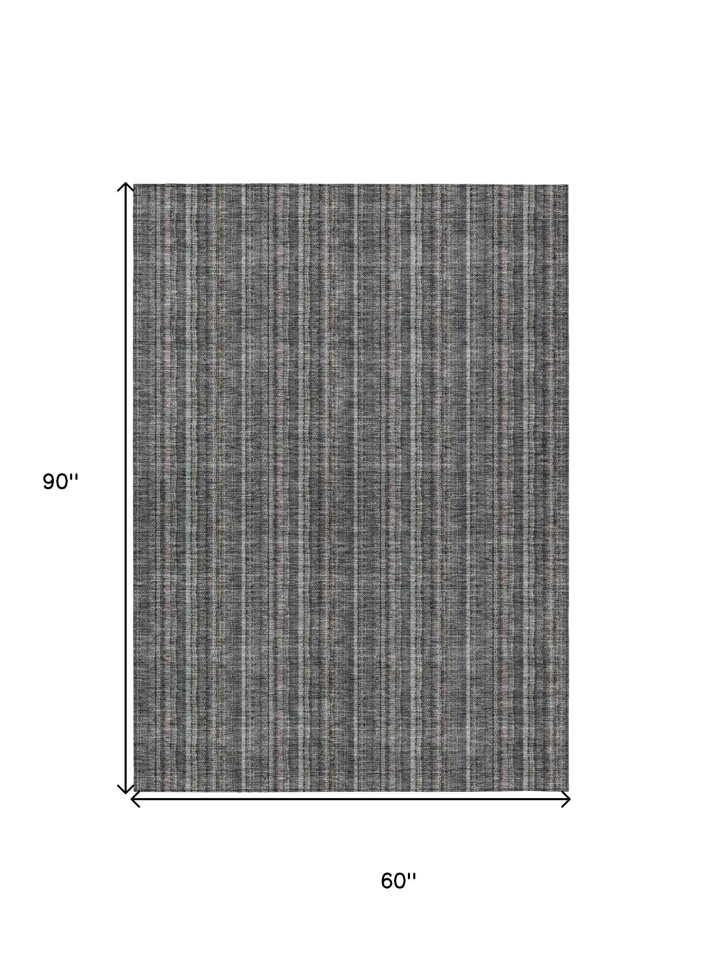 5' X 8' Gray And Silver Striped Washable Indoor Outdoor Area Rug