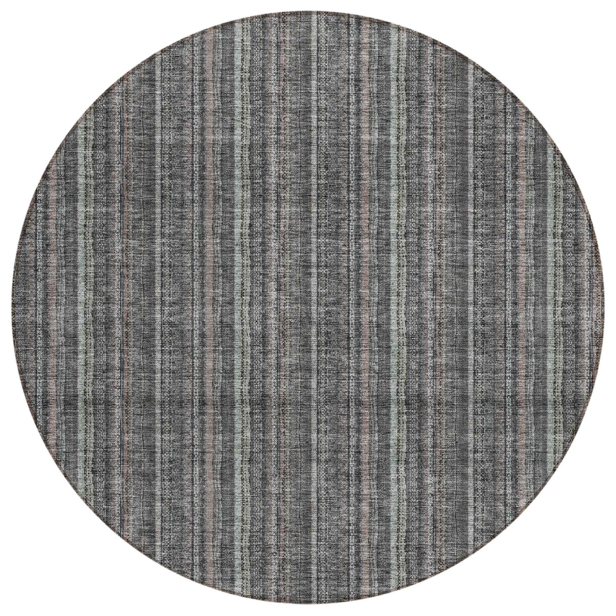 8' Gray And Silver Round Striped Washable Indoor Outdoor Area Rug