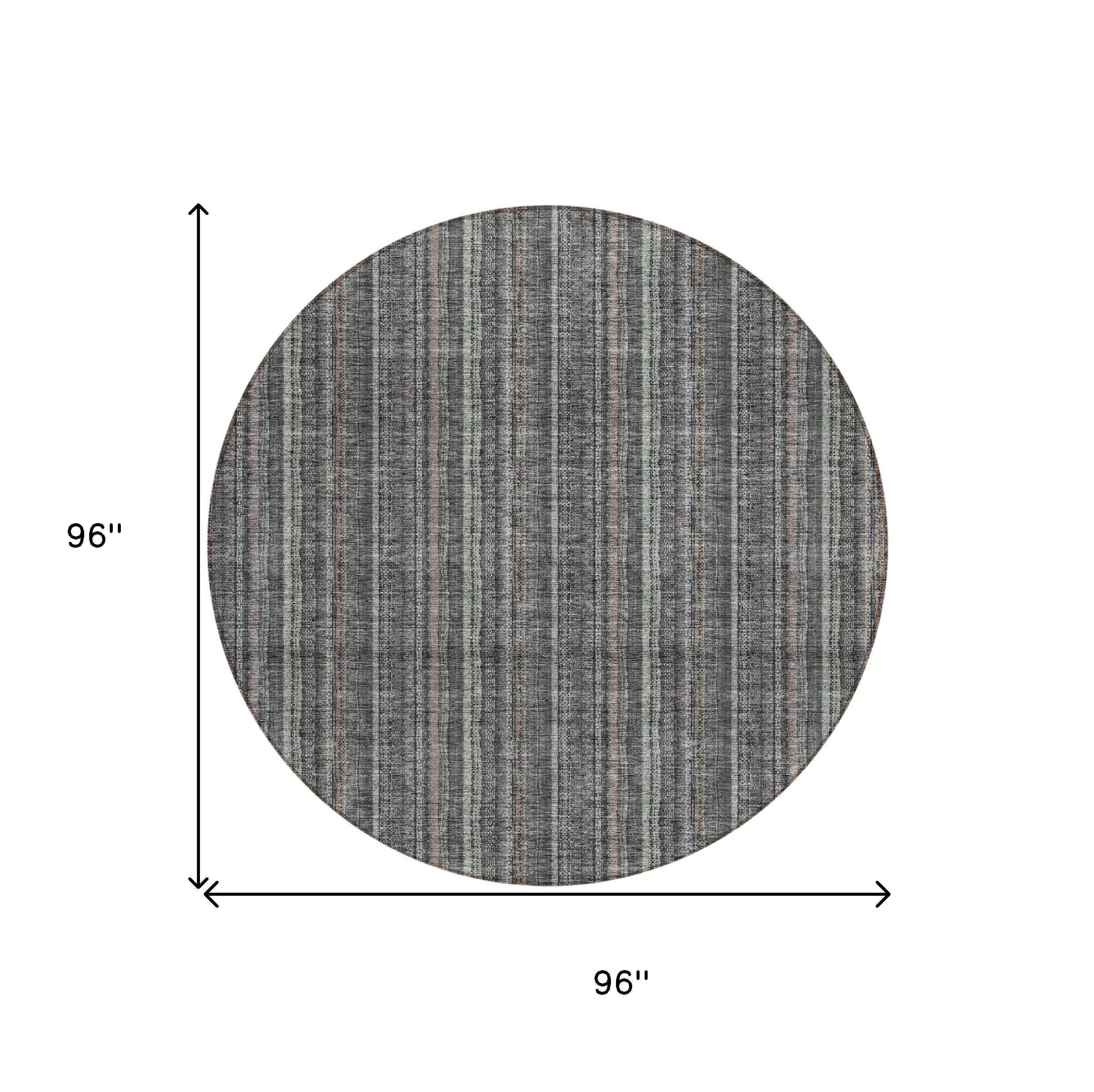 8' Gray And Silver Round Striped Washable Indoor Outdoor Area Rug