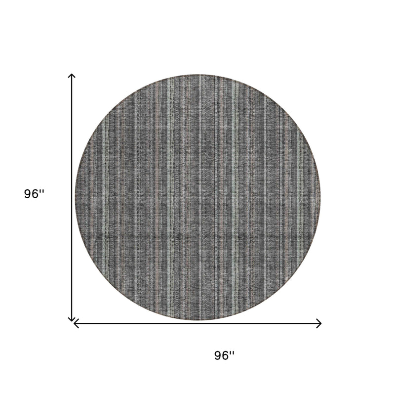 8' Gray And Silver Round Striped Washable Indoor Outdoor Area Rug