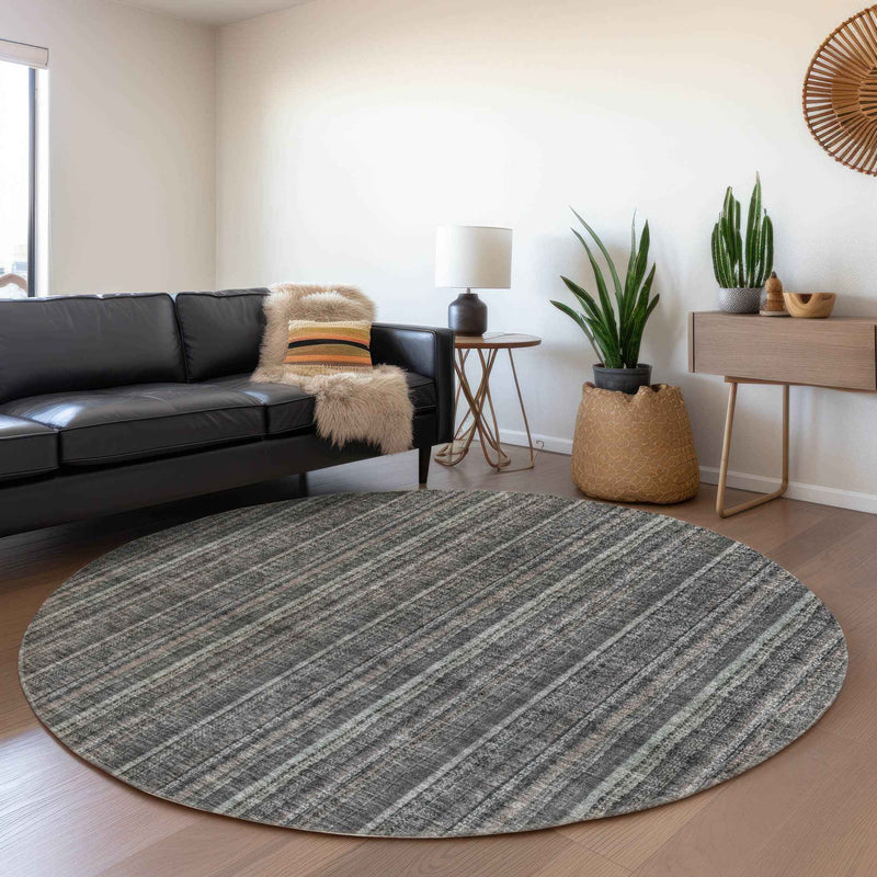 8' Gray And Silver Round Striped Washable Indoor Outdoor Area Rug