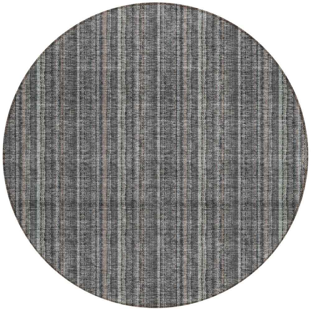 8' Gray And Silver Round Striped Washable Indoor Outdoor Area Rug