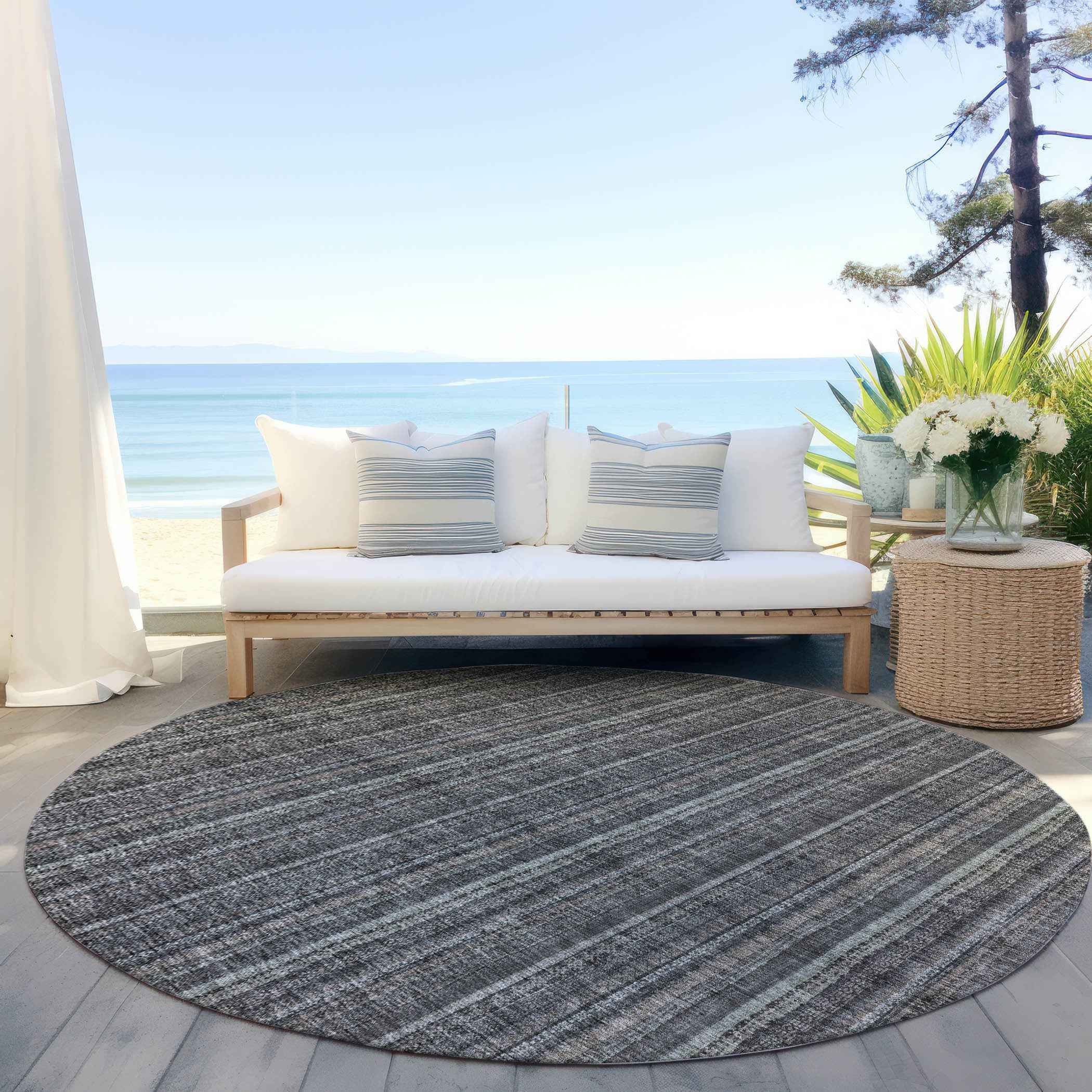 8' Gray And Silver Round Striped Washable Indoor Outdoor Area Rug