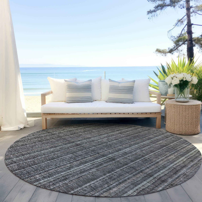 8' Gray And Silver Round Striped Washable Indoor Outdoor Area Rug