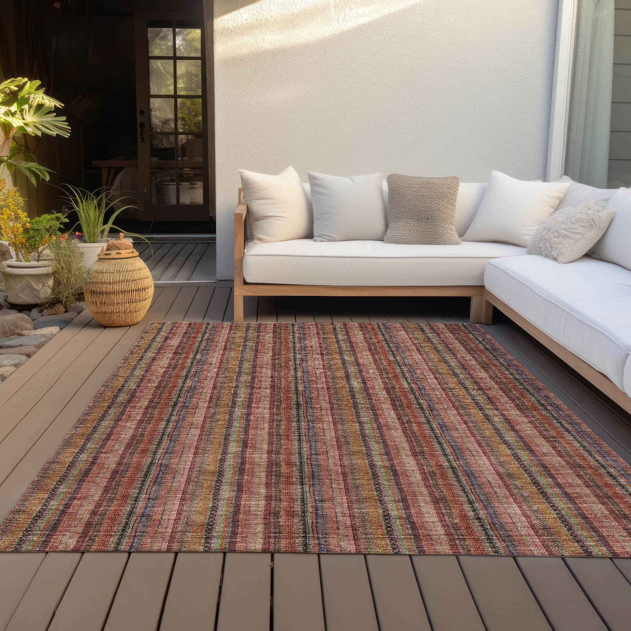 5' X 8' Blush Burgundy And Pink Striped Washable Indoor Outdoor Area Rug