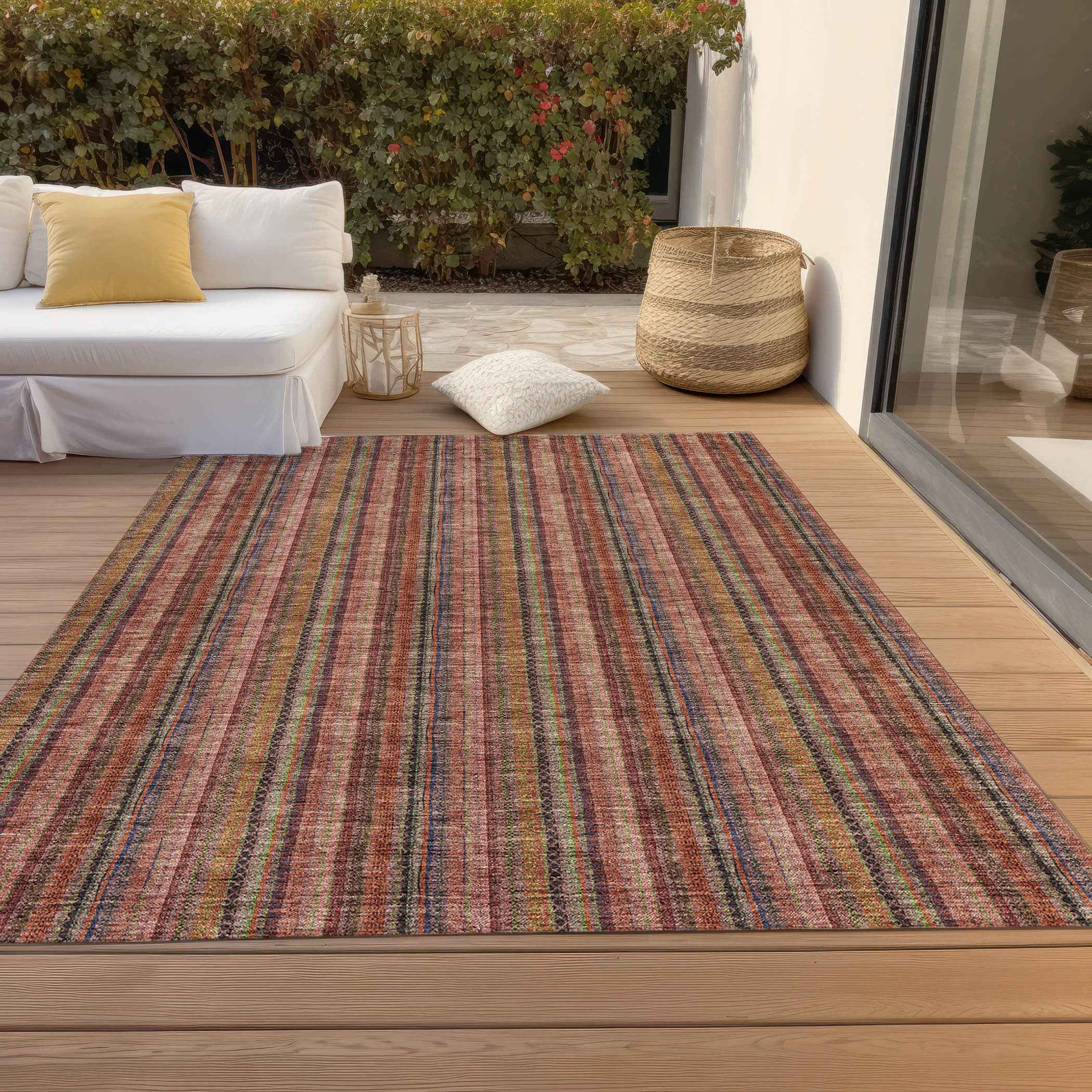 5' X 8' Blush Burgundy And Pink Striped Washable Indoor Outdoor Area Rug