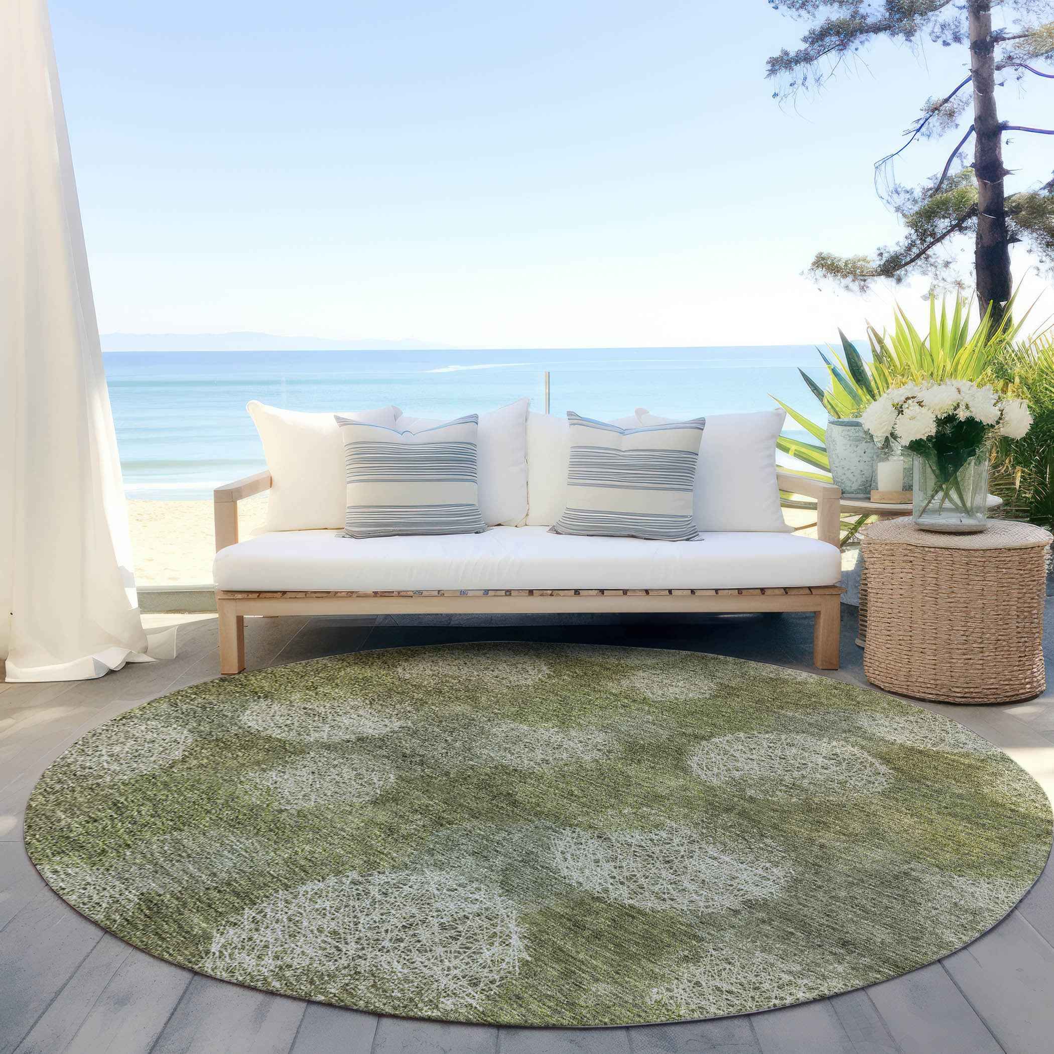 8' Green Ivory And Sage Round Polka Dot Washable Indoor Outdoor Area Rug