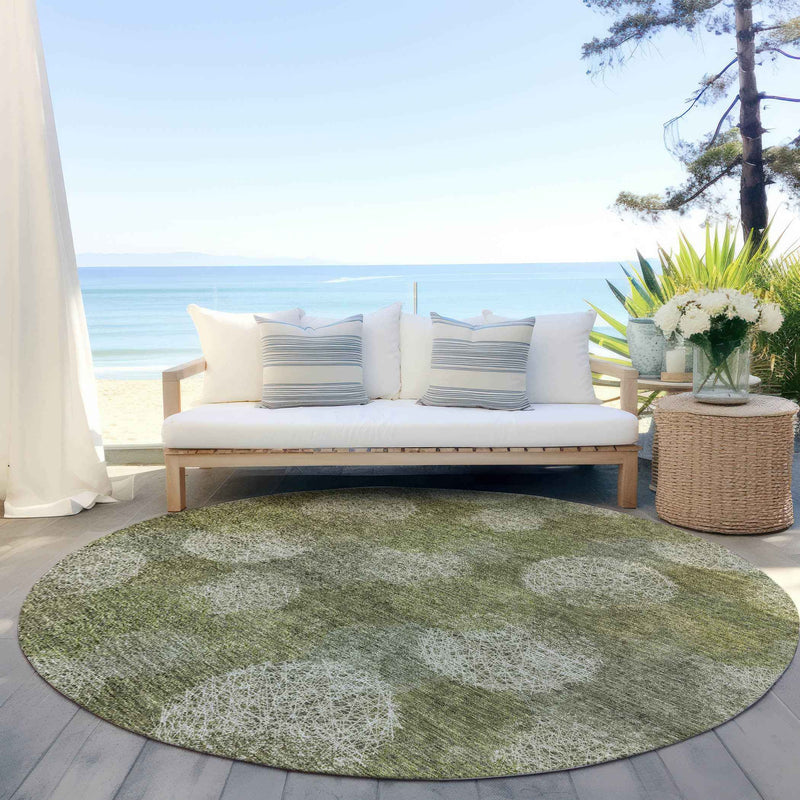 8' Green Ivory And Sage Round Polka Dot Washable Indoor Outdoor Area Rug