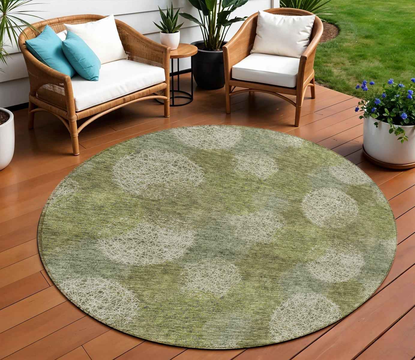 8' Green Ivory And Sage Round Polka Dot Washable Indoor Outdoor Area Rug