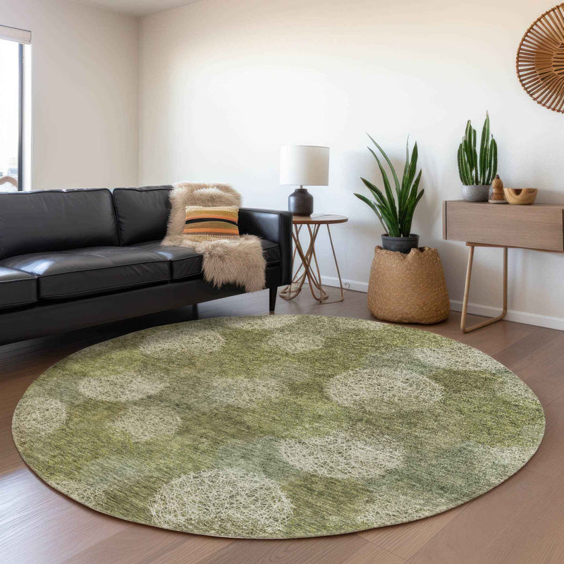 8' Green Ivory And Sage Round Polka Dot Washable Indoor Outdoor Area Rug