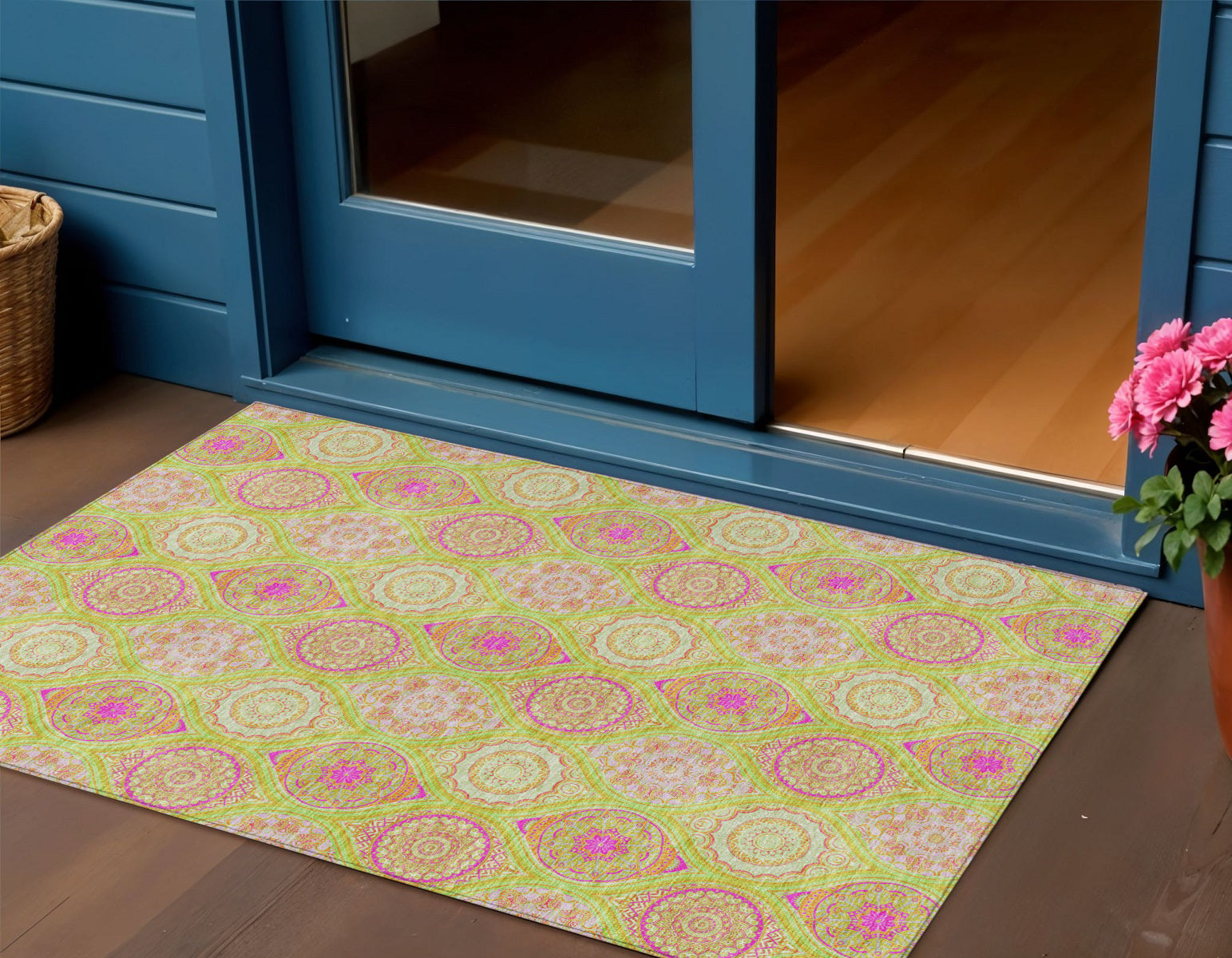 3' X 5' Lime Green Pink And Ivory Floral Medallion Washable Indoor Outdoor Area Rug - Sports & Outdoor