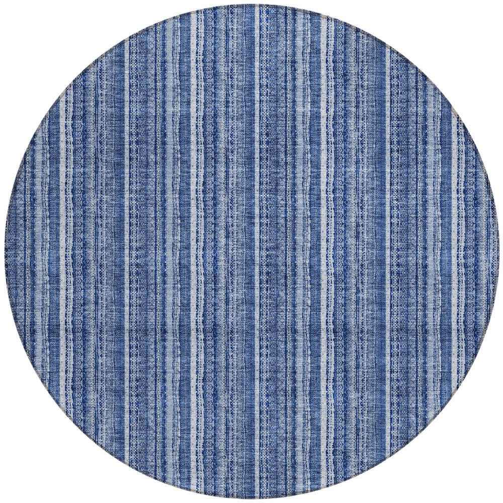 8' Denim Blue And Ivory Round Striped Washable Indoor Outdoor Area Rug