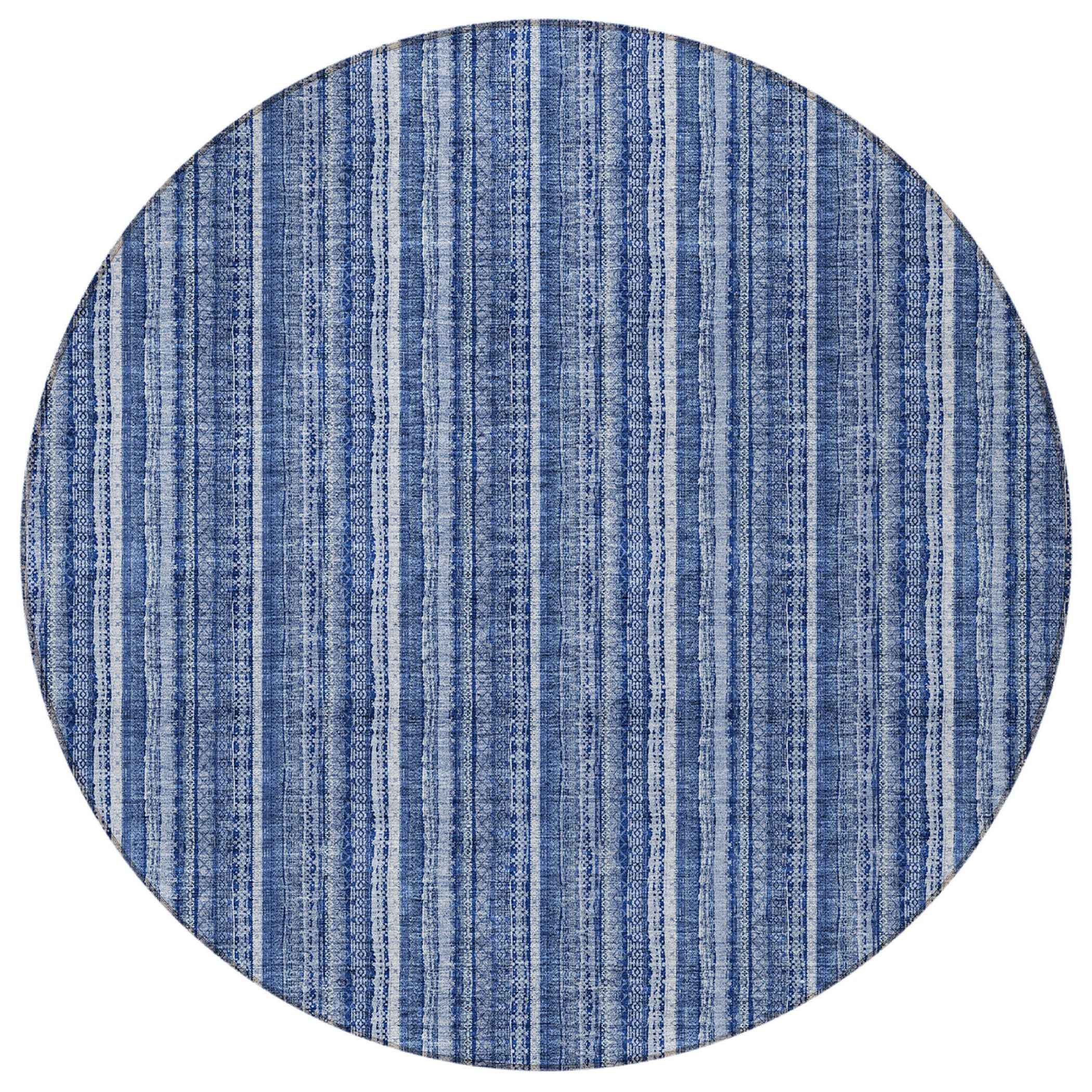 8' Denim Blue And Ivory Round Striped Washable Indoor Outdoor Area Rug