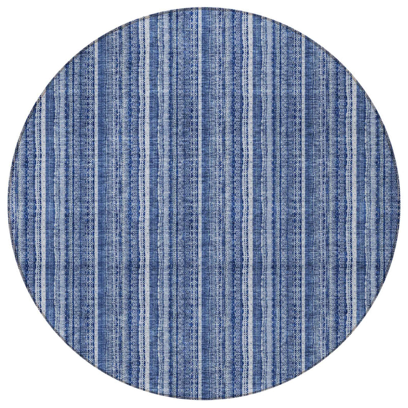8' Denim Blue And Ivory Round Striped Washable Indoor Outdoor Area Rug