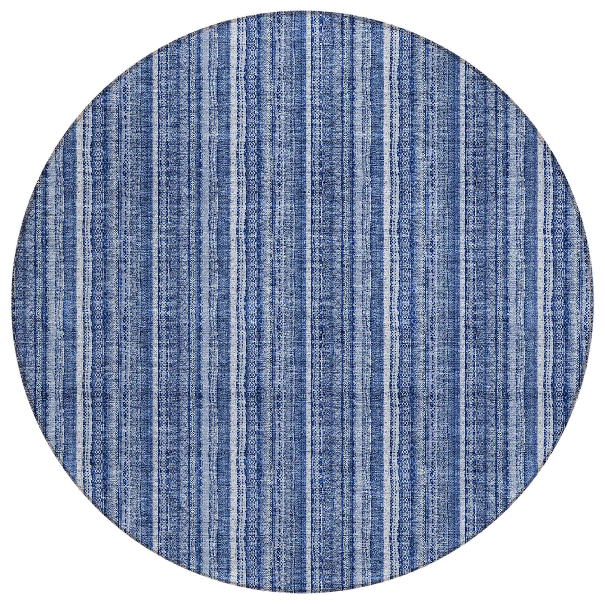 8' Denim Blue And Ivory Round Striped Washable Indoor Outdoor Area Rug