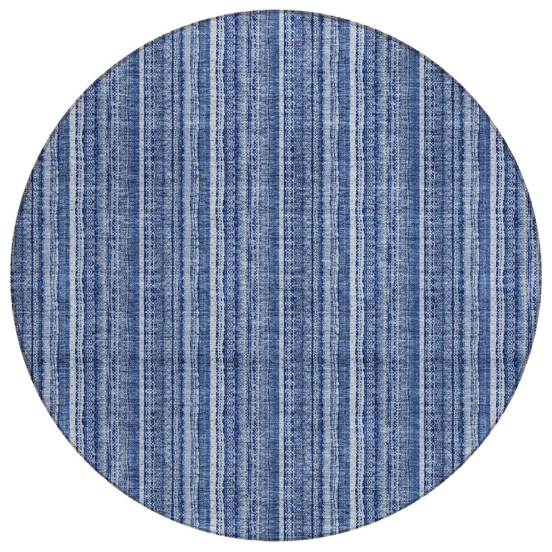 8' Denim Blue And Ivory Round Striped Washable Indoor Outdoor Area Rug