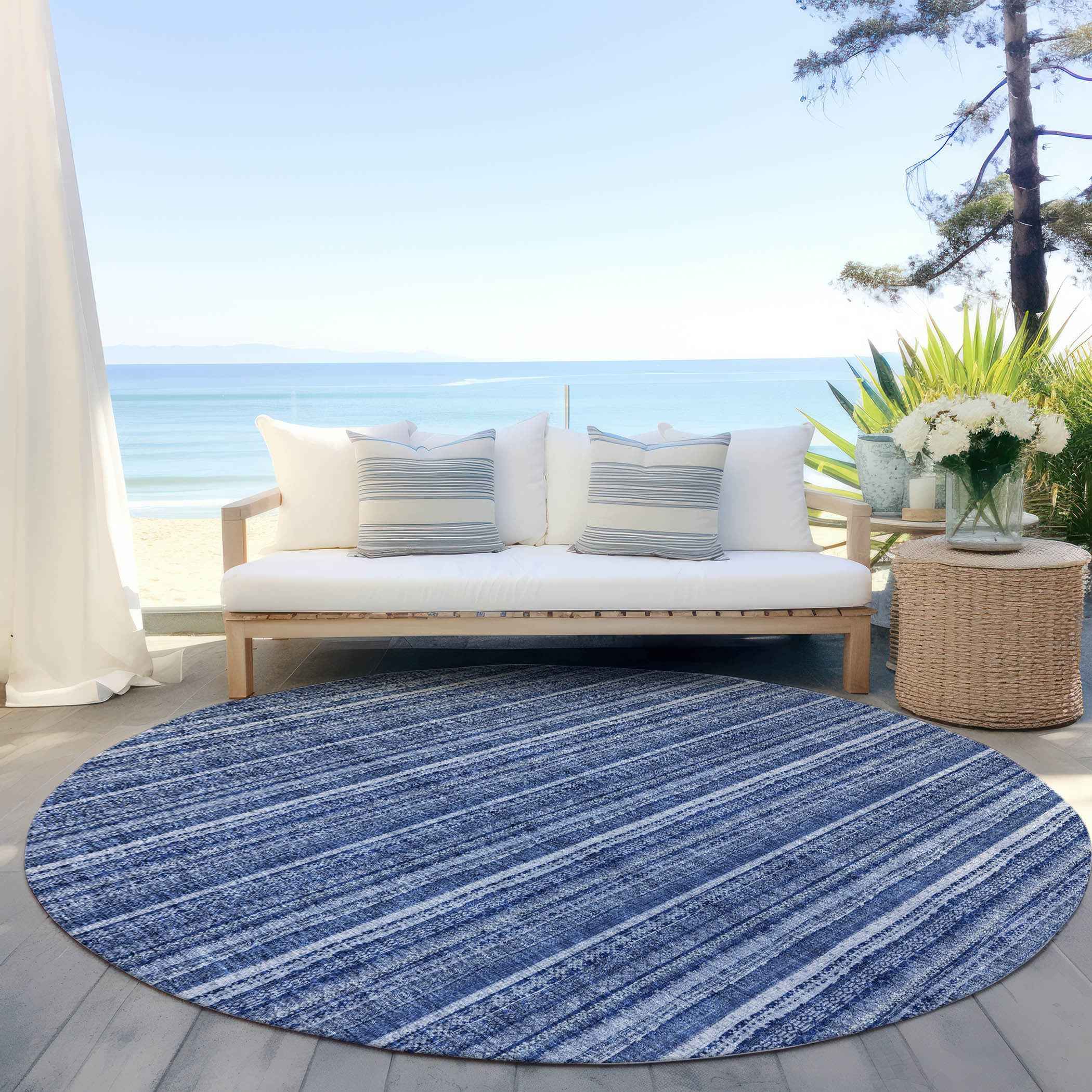 8' Denim Blue And Ivory Round Striped Washable Indoor Outdoor Area Rug