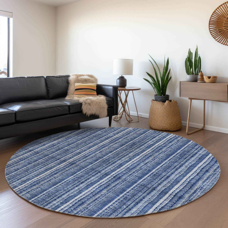 8' Denim Blue And Ivory Round Striped Washable Indoor Outdoor Area Rug
