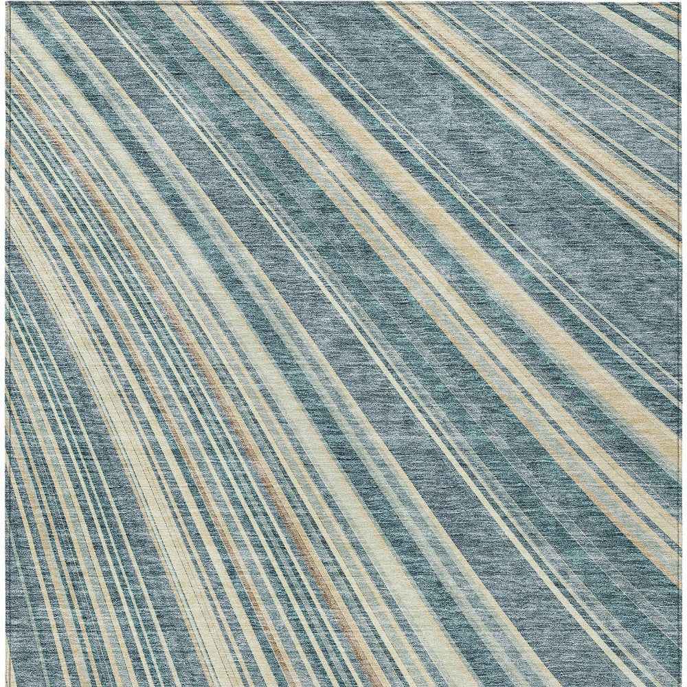 5' X 8' Sky Blue Beige And Tan Striped Washable Indoor Outdoor Area Rug