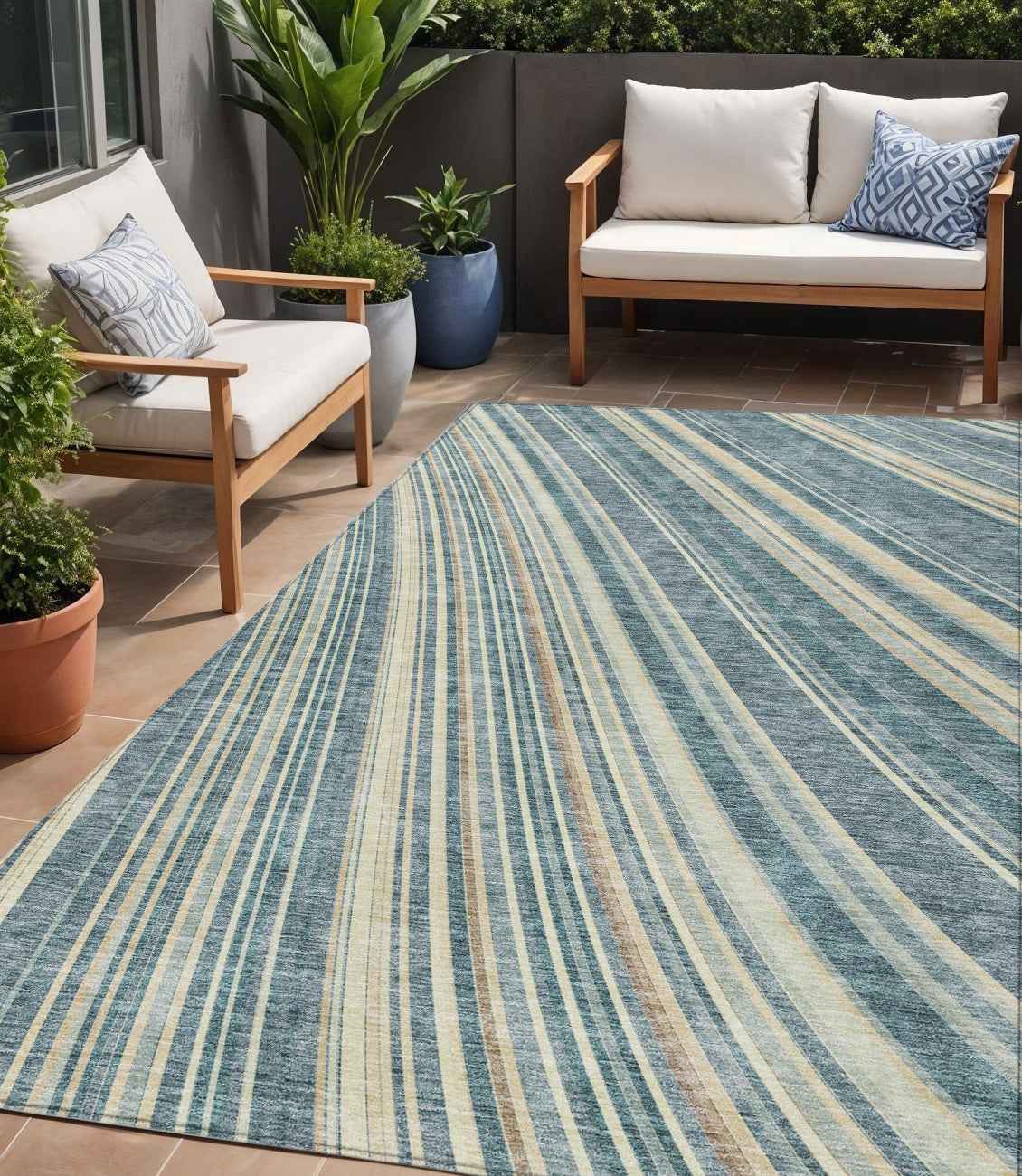 5' X 8' Sky Blue Beige And Tan Striped Washable Indoor Outdoor Area Rug