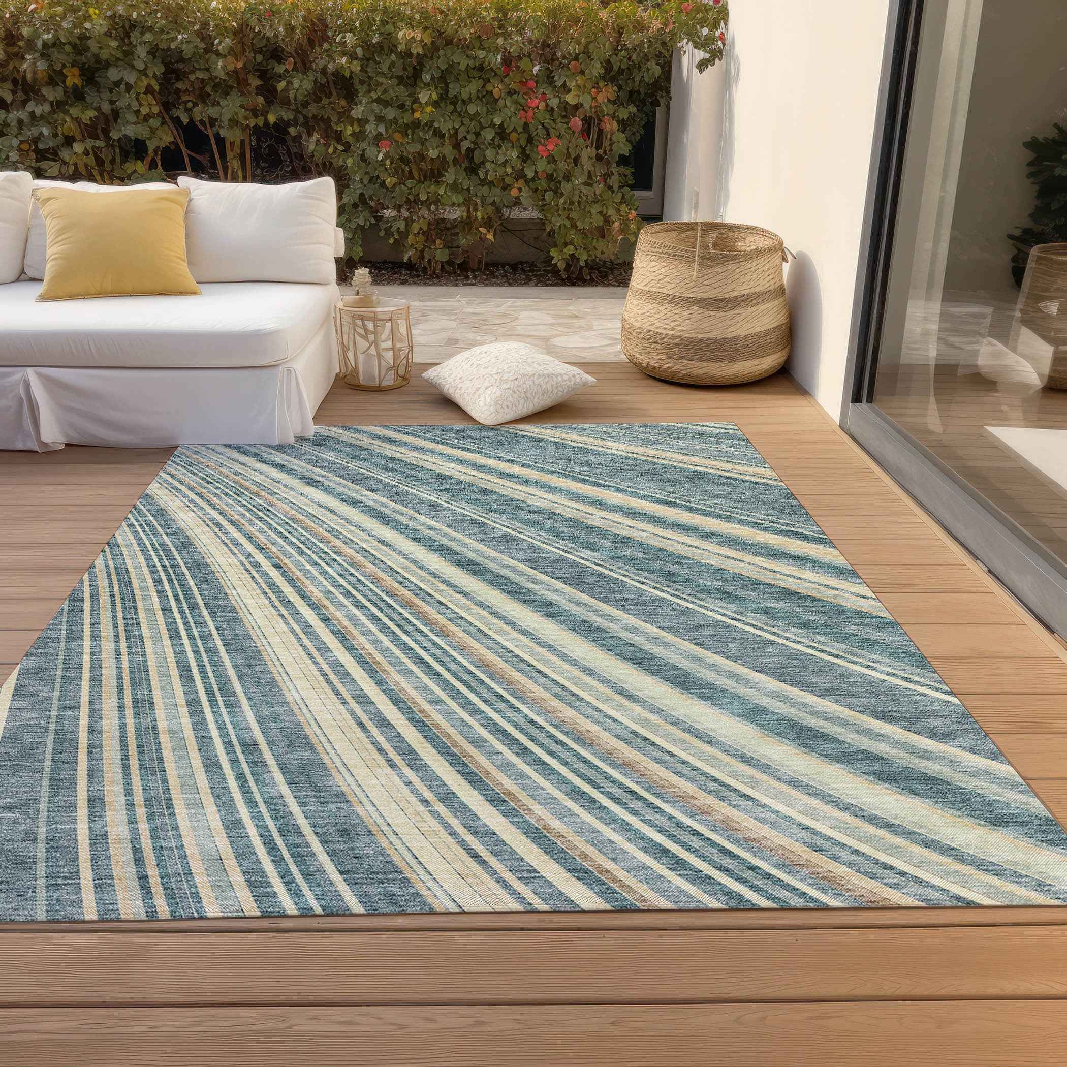 5' X 8' Sky Blue Beige And Tan Striped Washable Indoor Outdoor Area Rug