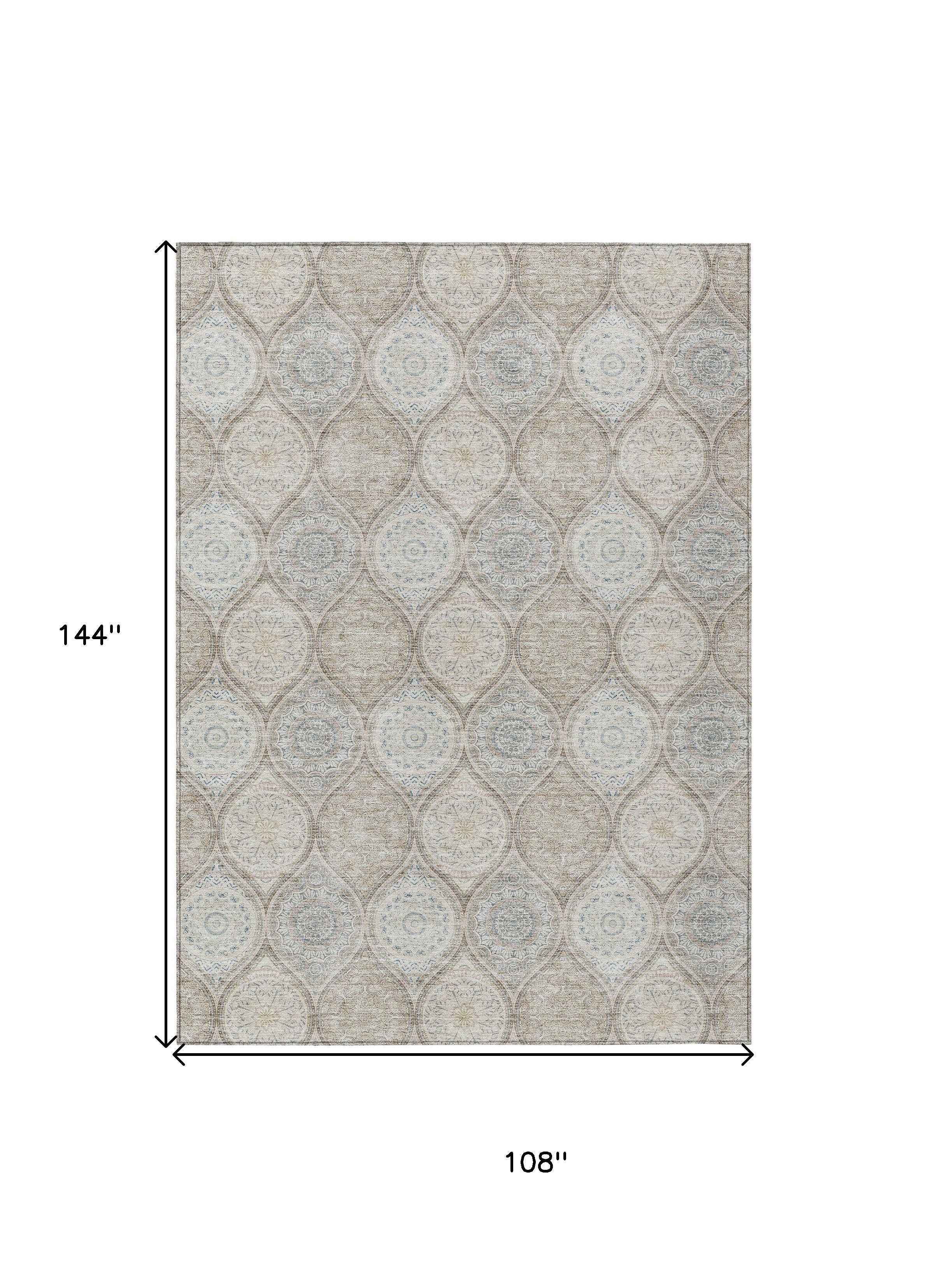 9' X 12' Taupe Beige And Khaki Floral Medallion Washable Indoor Outdoor Area Rug