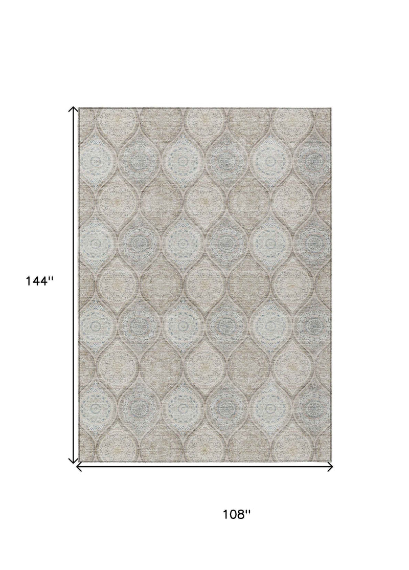 9' X 12' Taupe Beige And Khaki Floral Medallion Washable Indoor Outdoor Area Rug