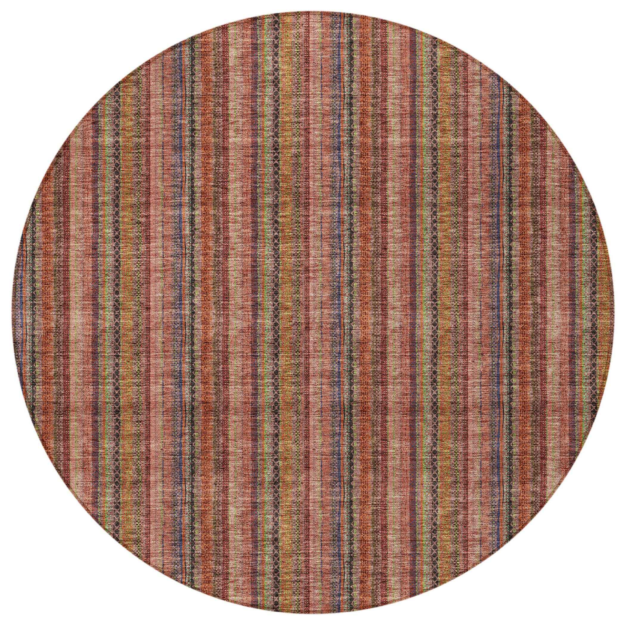 8' Blush Burgundy And Pink Round Striped Washable Indoor Outdoor Area Rug