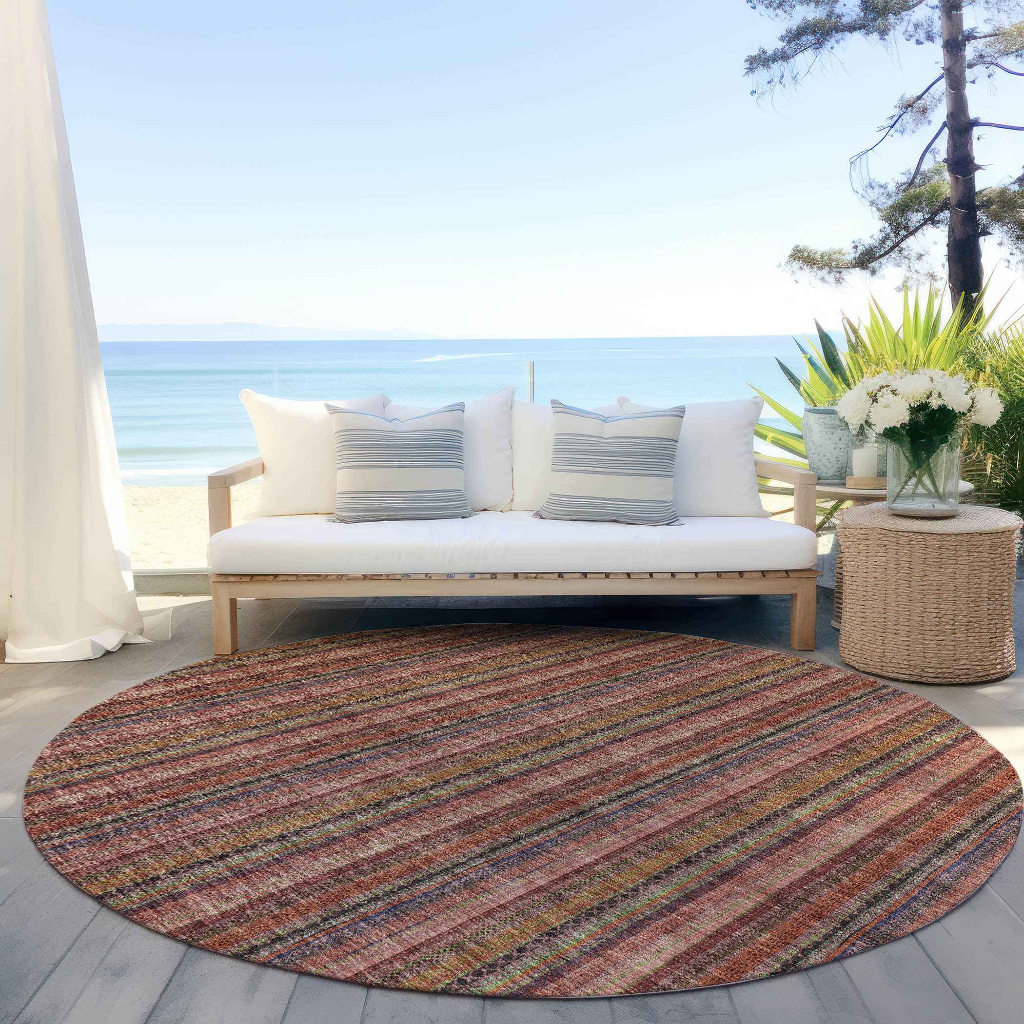 8' Blush Burgundy And Pink Round Striped Washable Indoor Outdoor Area Rug