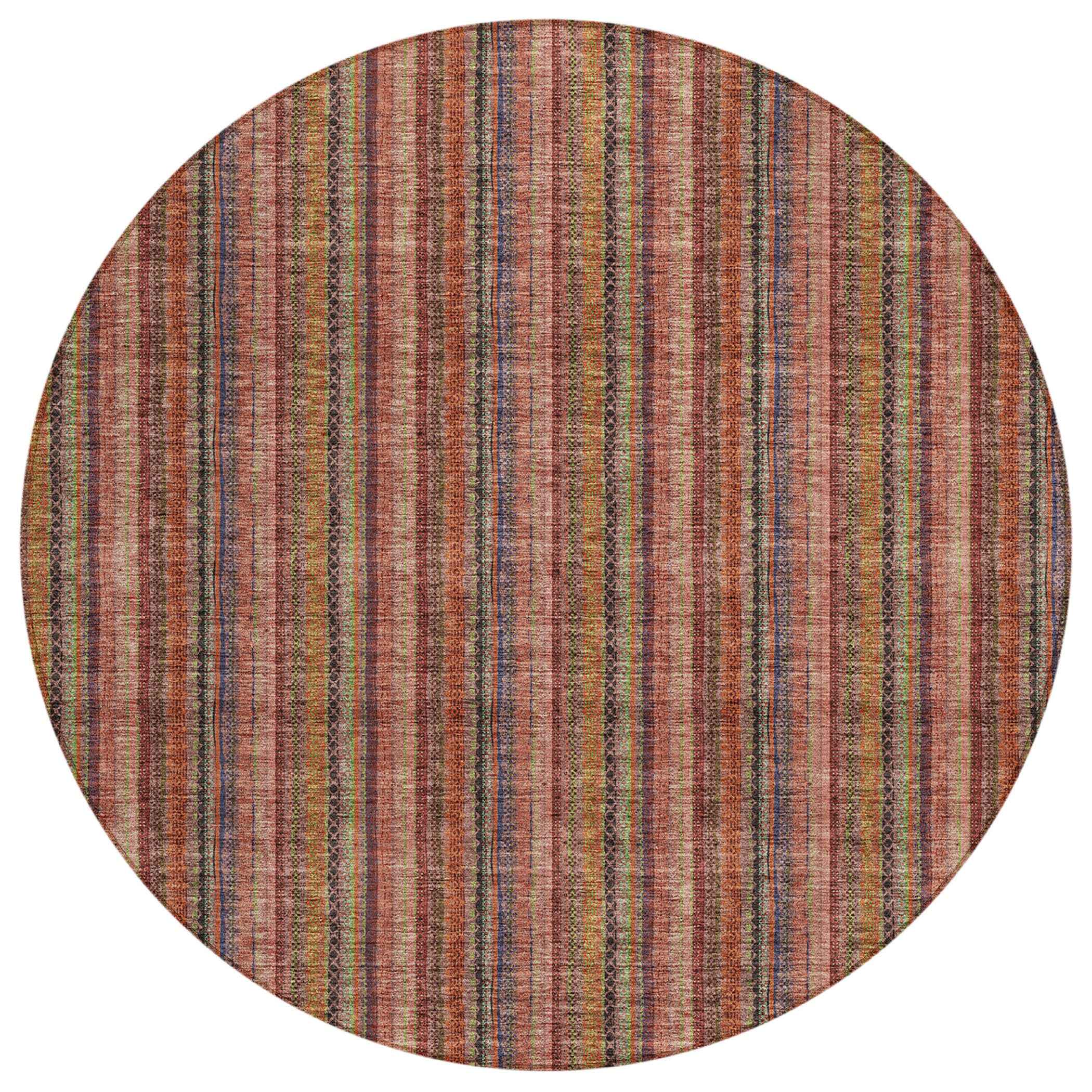 8' Blush Burgundy And Pink Round Striped Washable Indoor Outdoor Area Rug