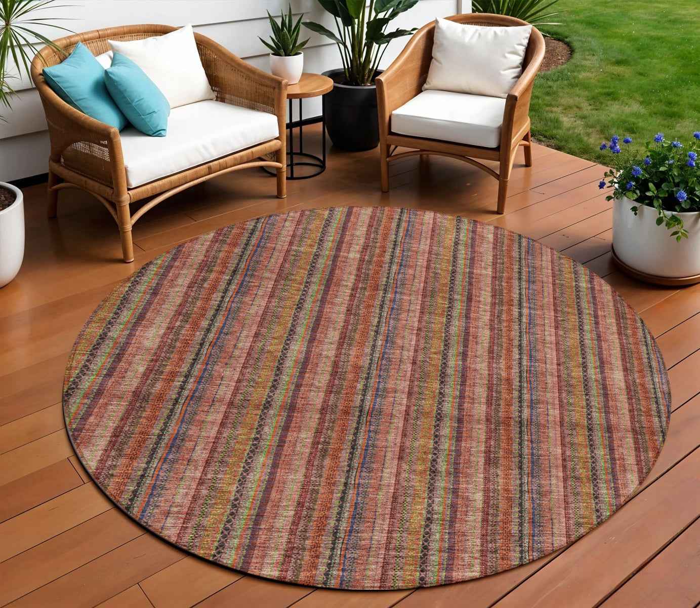 8' Blush Burgundy And Pink Round Striped Washable Indoor Outdoor Area Rug