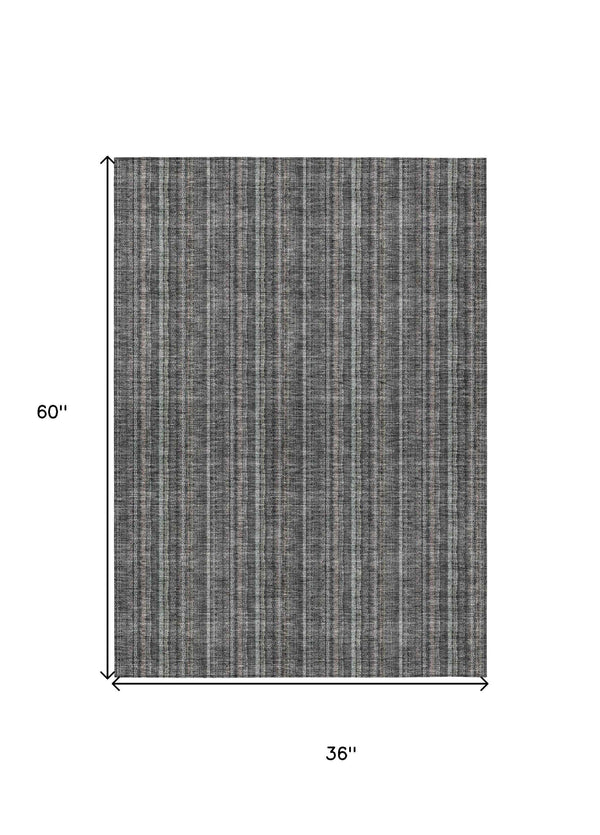 3' X 5' Gray And Silver Striped Washable Indoor Outdoor Area Rug