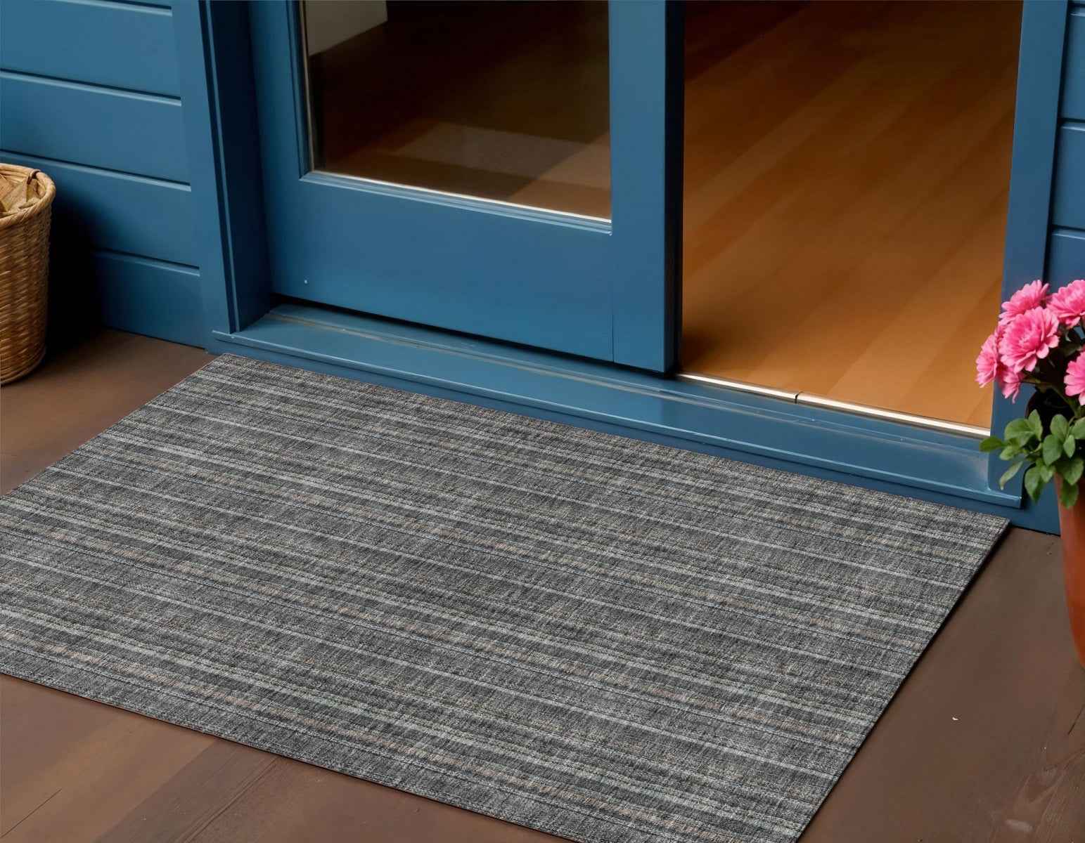 3' X 5' Gray And Silver Striped Washable Indoor Outdoor Area Rug
