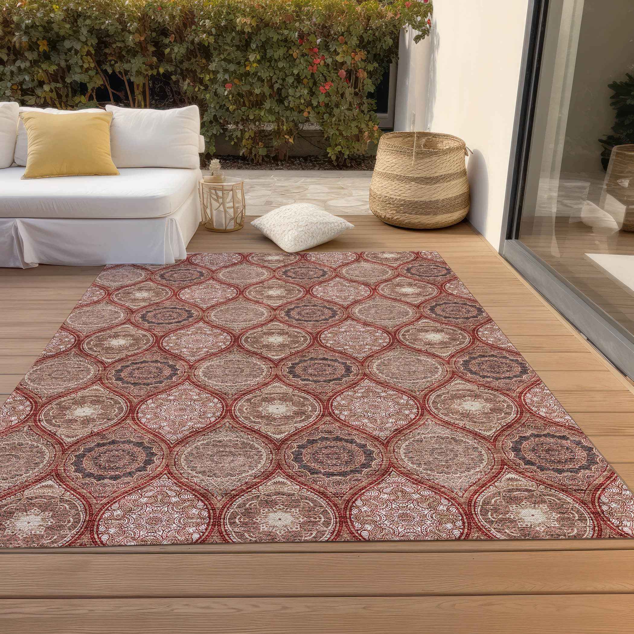 8' X 10' Orange Beige And Gray Floral Medallion Washable Indoor Outdoor Area Rug