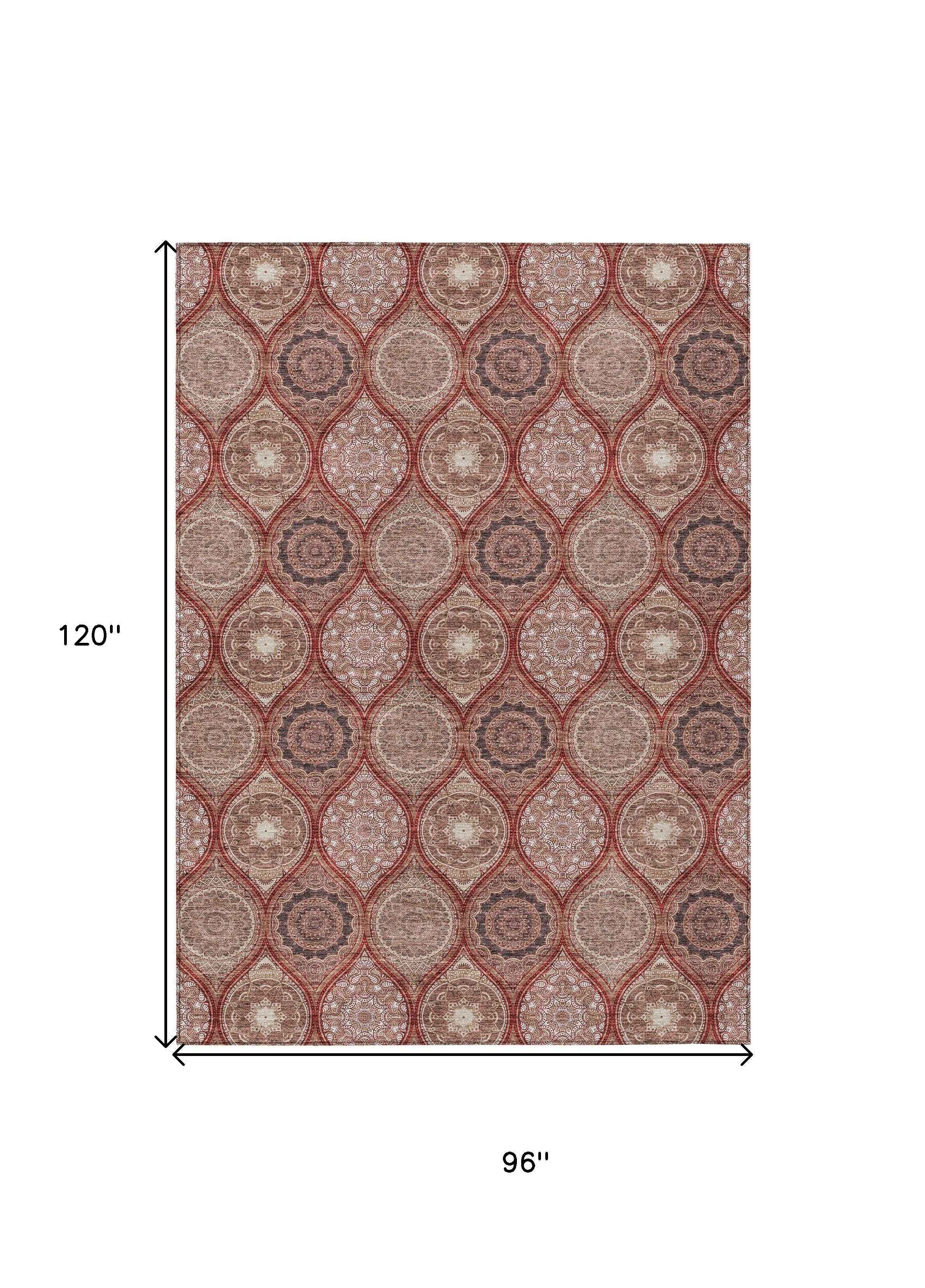 8' X 10' Orange Beige And Gray Floral Medallion Washable Indoor Outdoor Area Rug