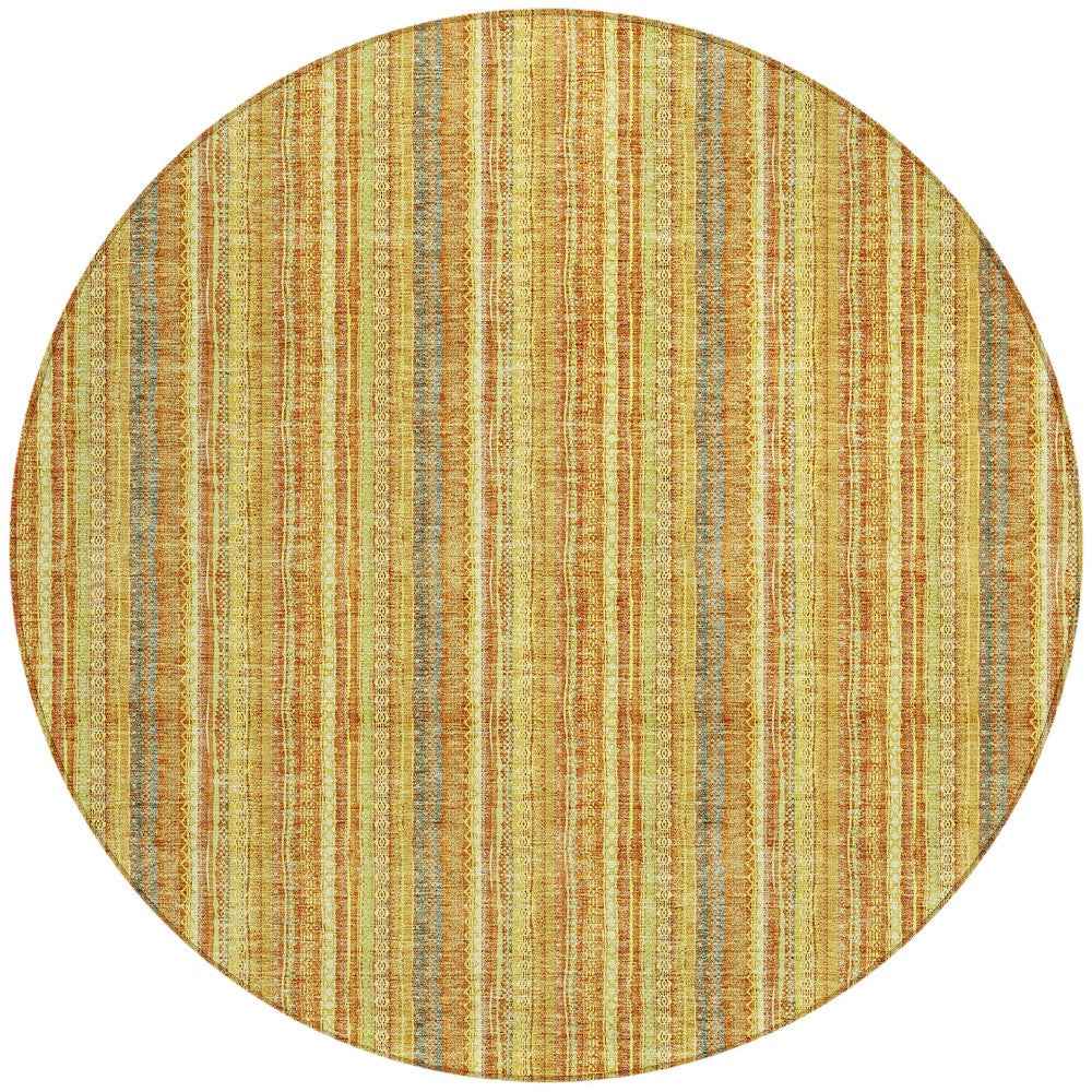 8' Gold And Copper Round Striped Washable Indoor Outdoor Area Rug