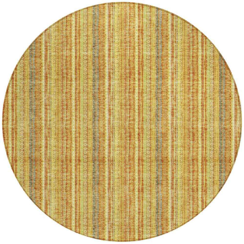 8' Gold And Copper Round Striped Washable Indoor Outdoor Area Rug