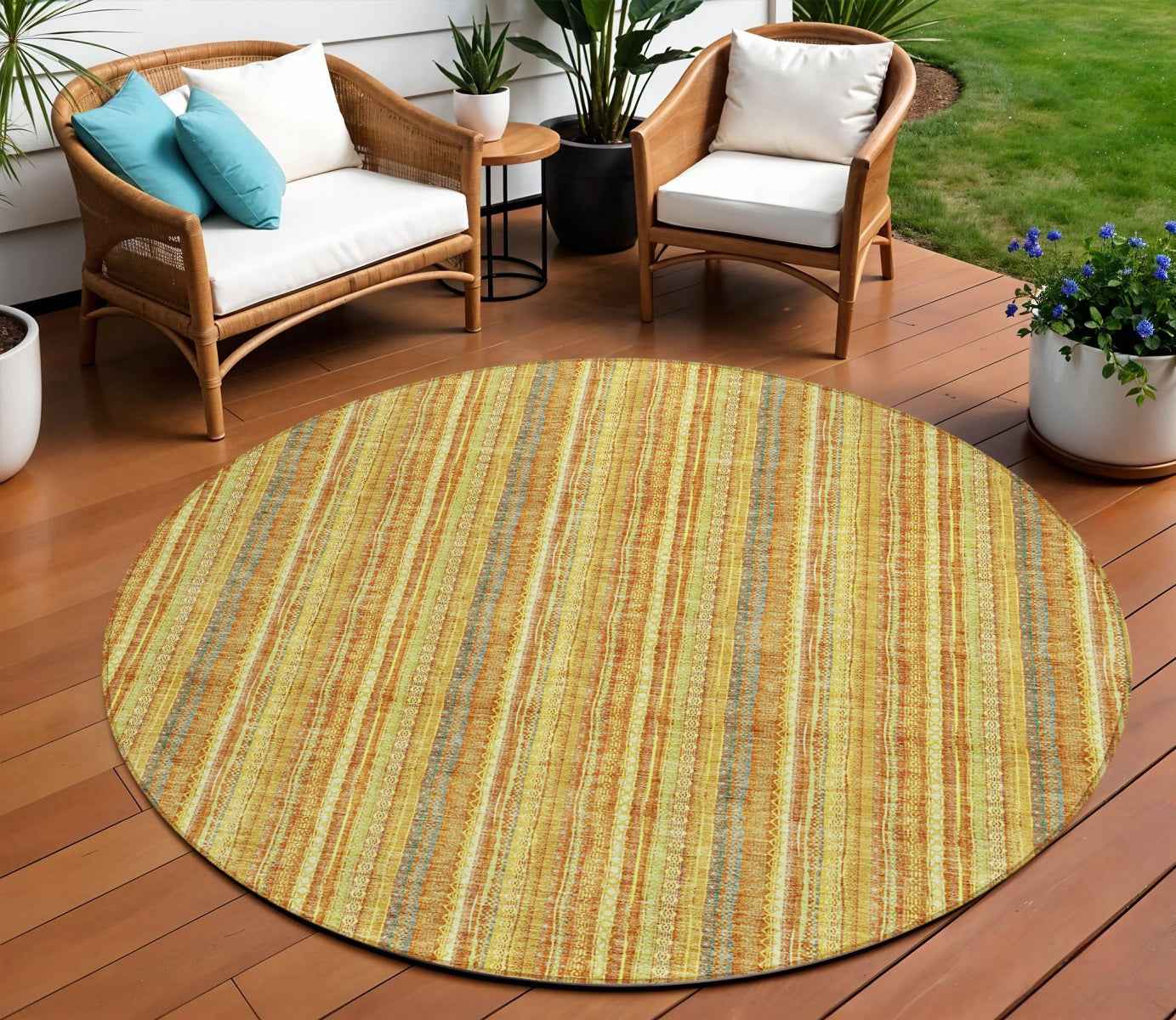 8' Gold And Copper Round Striped Washable Indoor Outdoor Area Rug