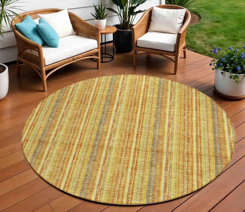 8' Gold And Copper Round Striped Washable Indoor Outdoor Area Rug