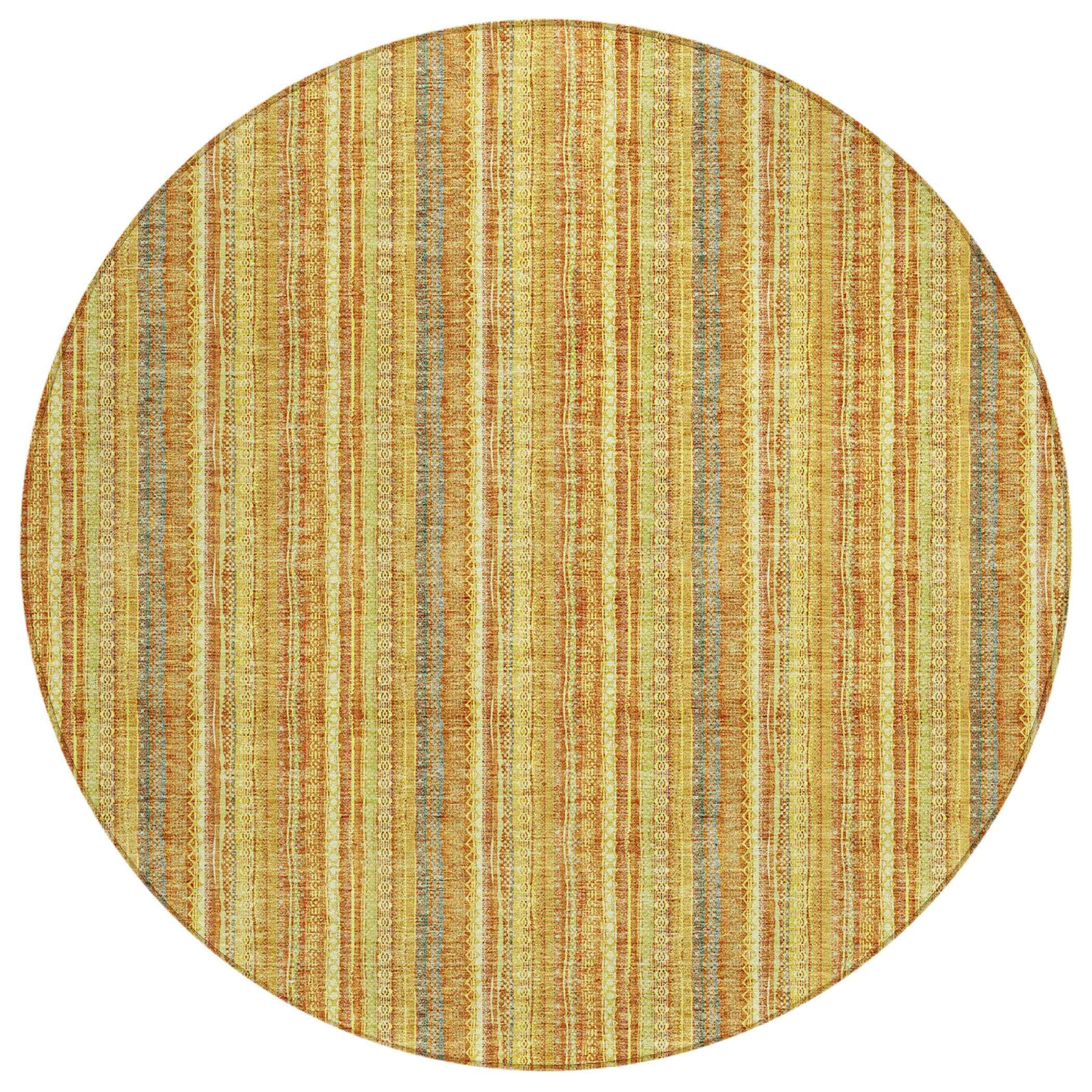 8' Gold And Copper Round Striped Washable Indoor Outdoor Area Rug