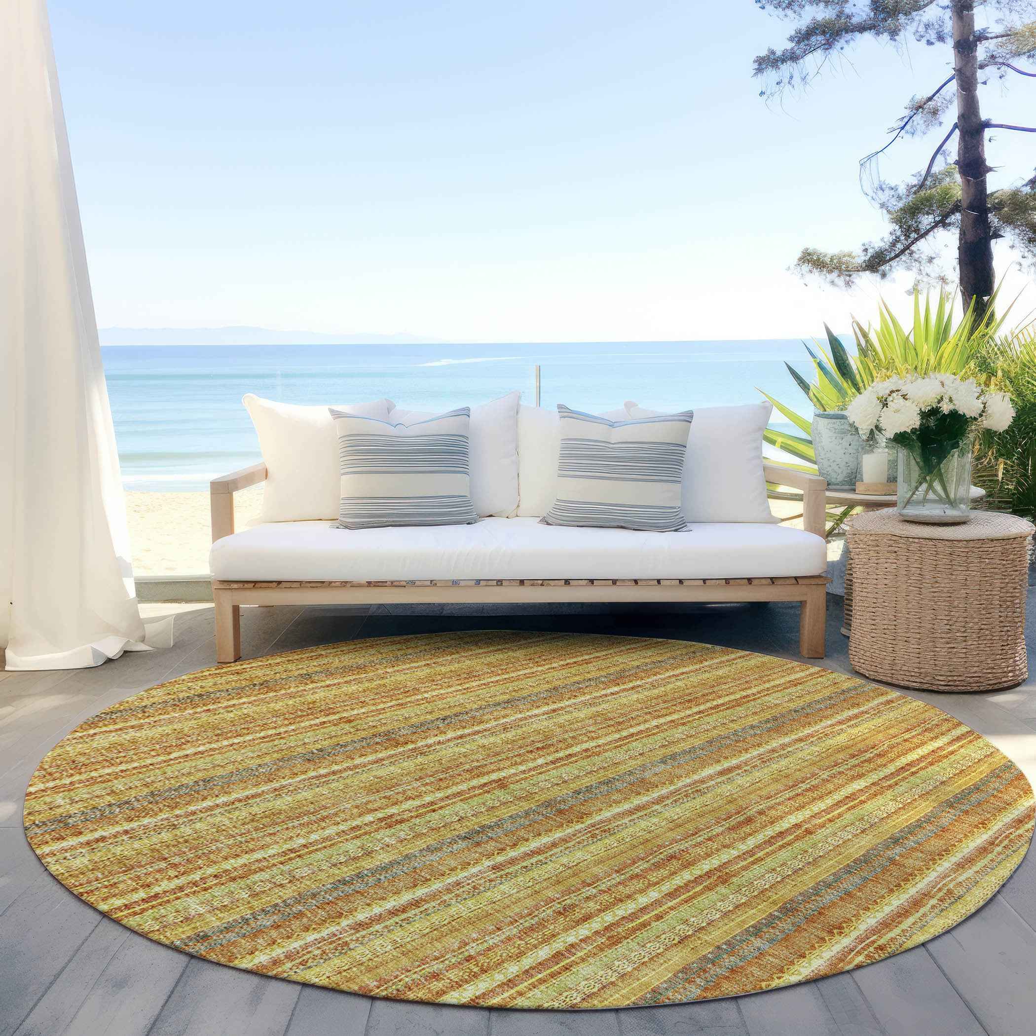 8' Gold And Copper Round Striped Washable Indoor Outdoor Area Rug