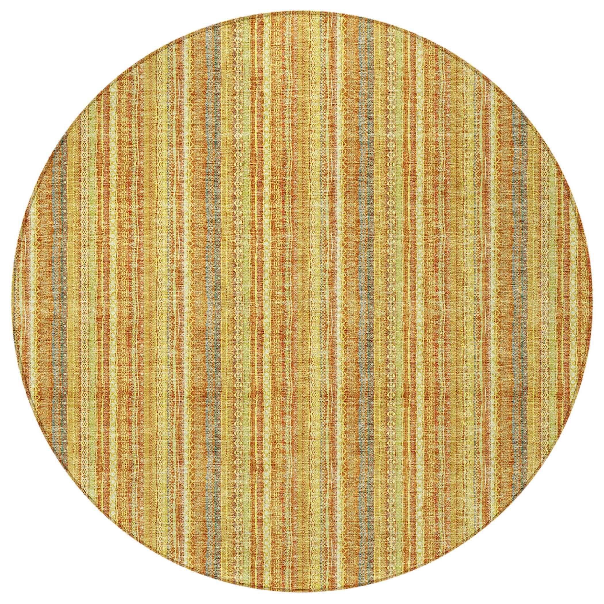 8' Gold And Copper Round Striped Washable Indoor Outdoor Area Rug