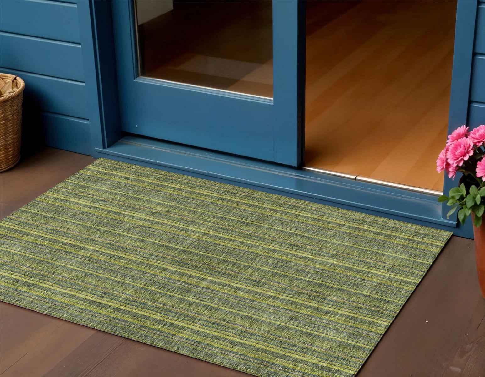 3' X 5' Olive Green And Lime Green Striped Washable Indoor Outdoor Area Rug