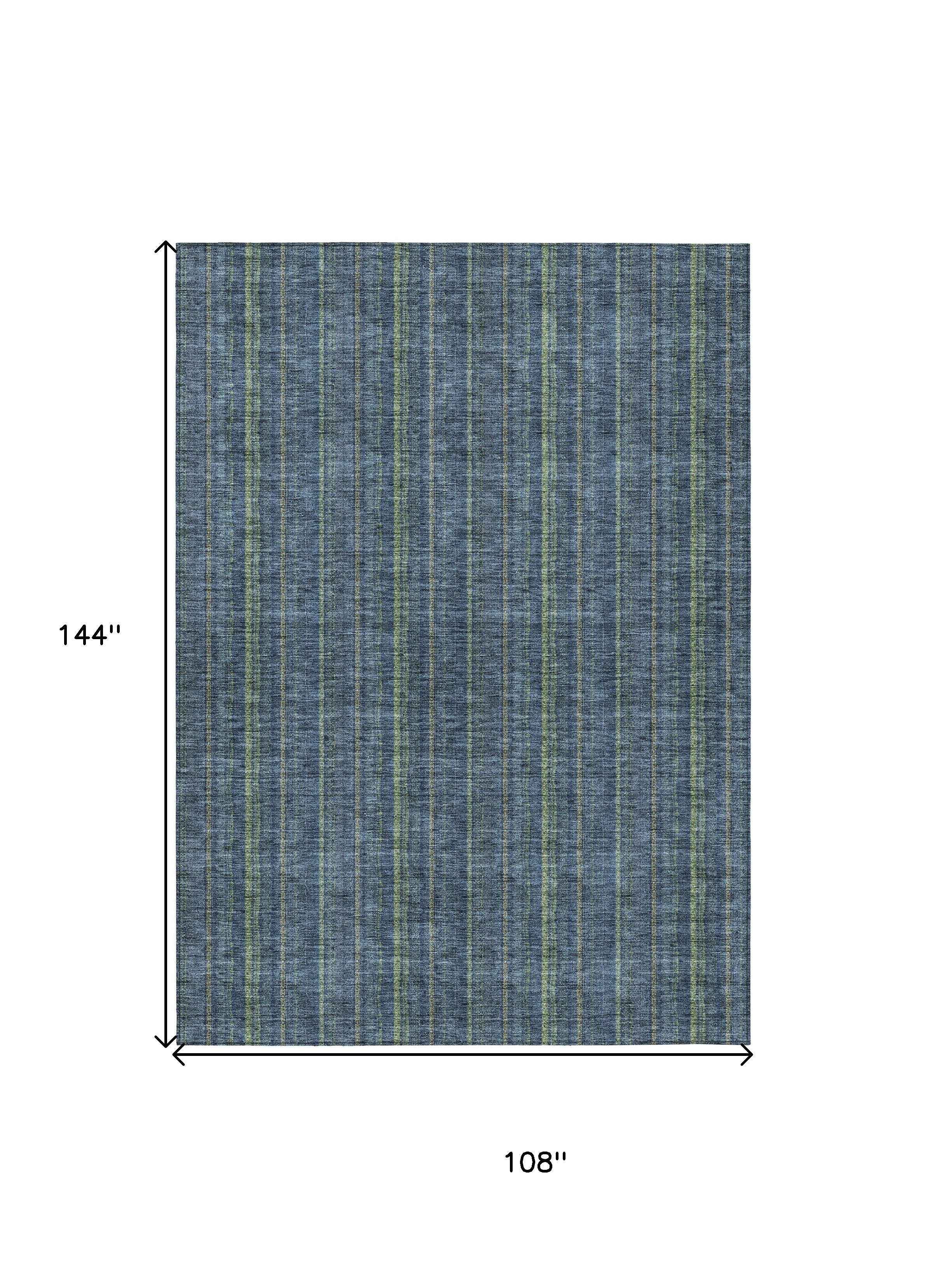 9' X 12' Blue Denim Blue And Mint Green Striped Washable Indoor Outdoor Area Rug