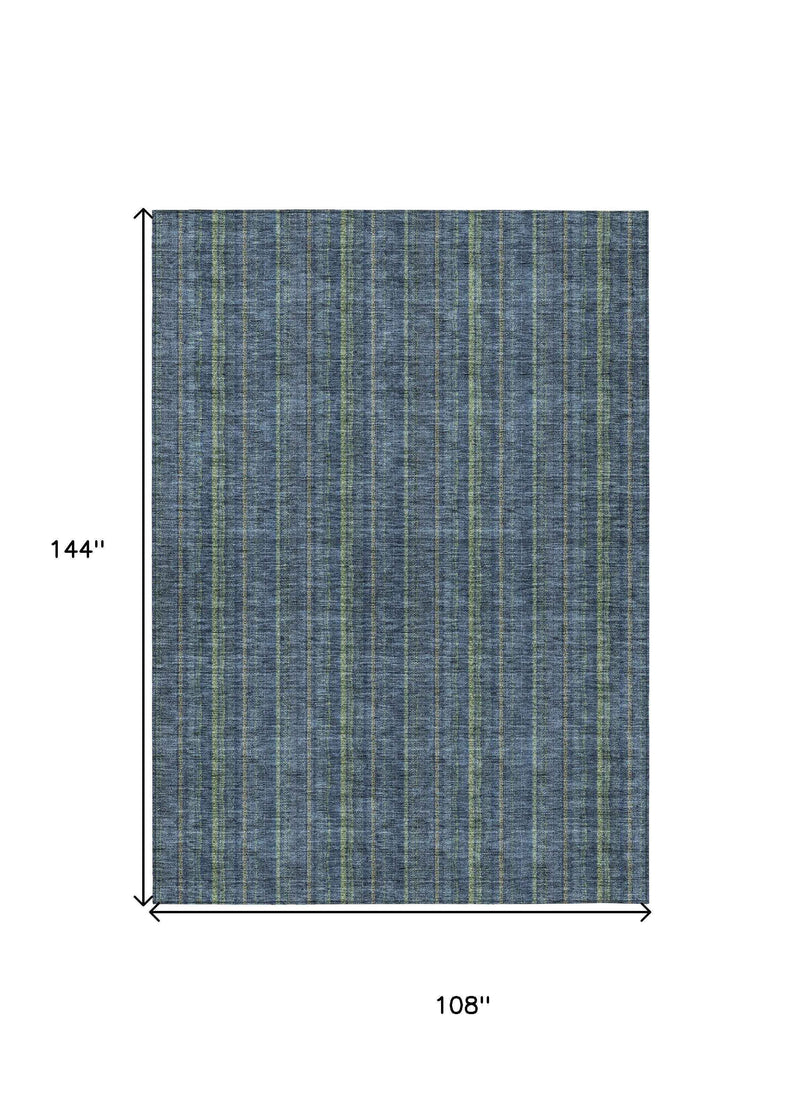 9' X 12' Blue Denim Blue And Mint Green Striped Washable Indoor Outdoor Area Rug